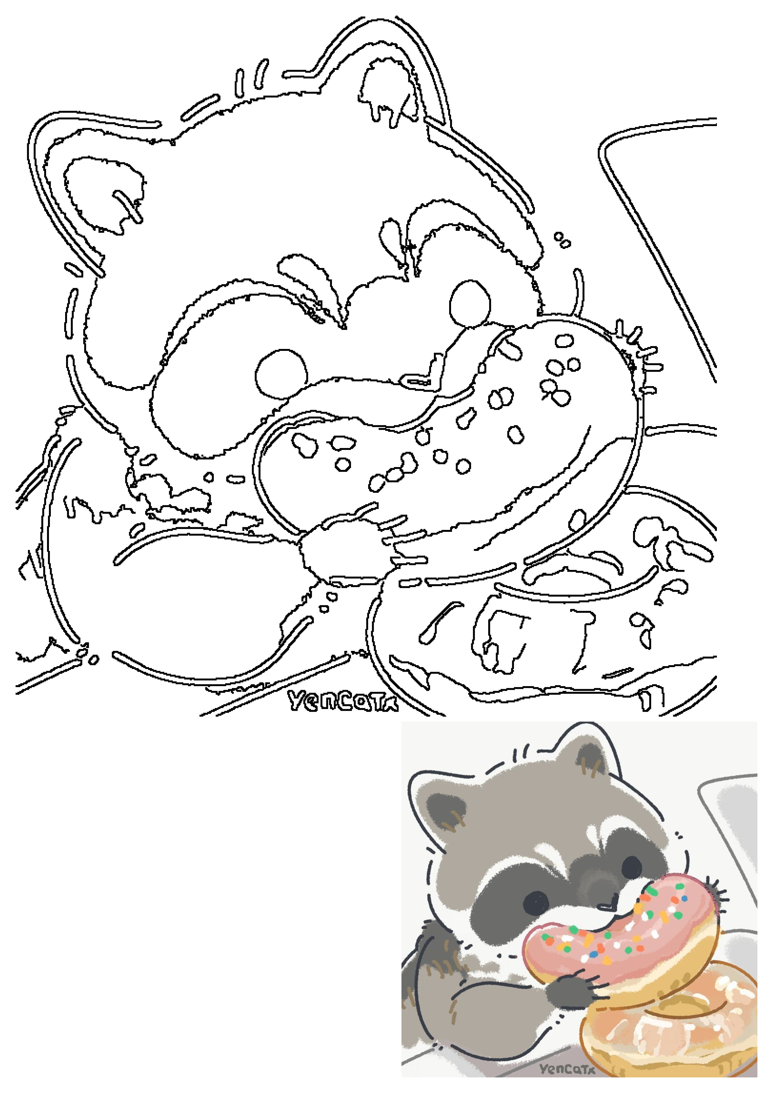 Cute cartoon raccoon illustration happily eating a delicious pink donut with sprinkles, holding another donut.