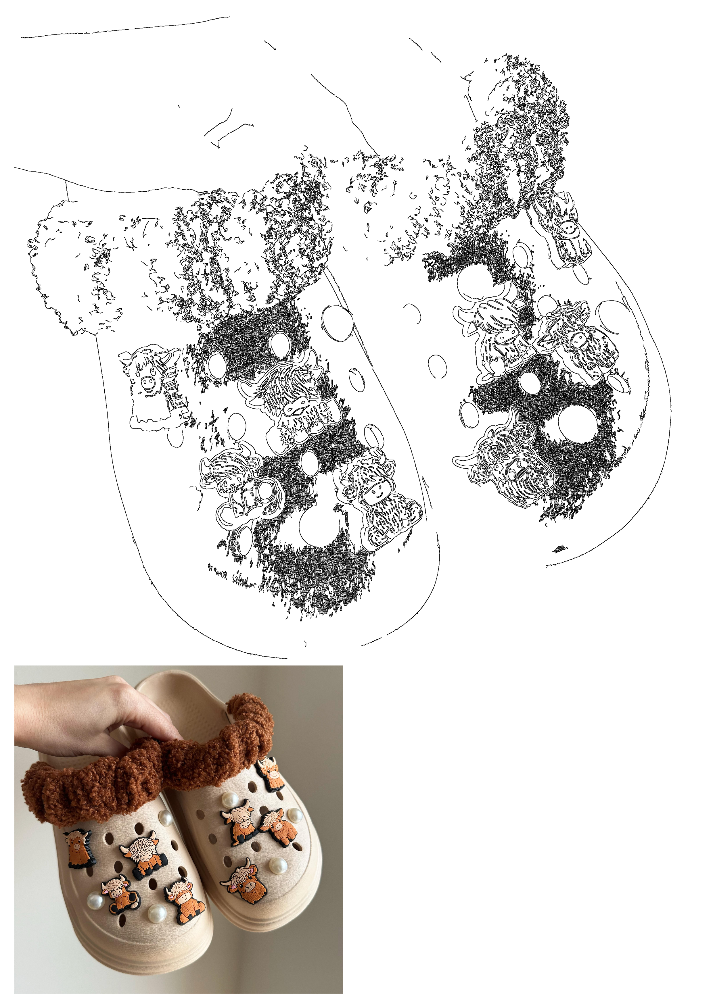 Beige customized clogs featuring a cozy brown fuzzy trim, adorned with adorable Highland cow jibbitz and elegant pearl charms.