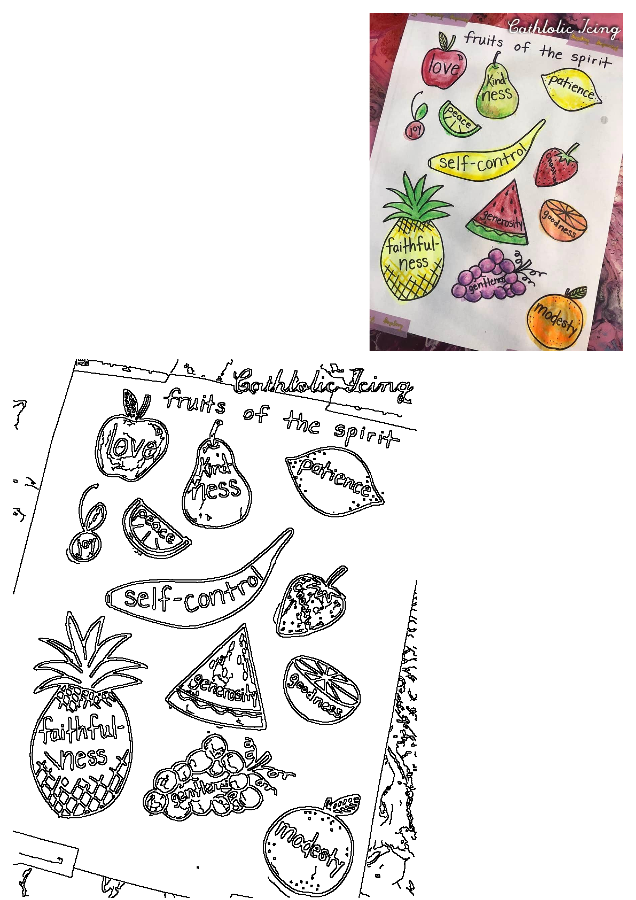 Catholic Icing Fruits of the Spirit Bible teaching visual aid. Features colorful fruit illustrations representing 12 virtues like love, joy, peace, and patience. Includes an outline version.