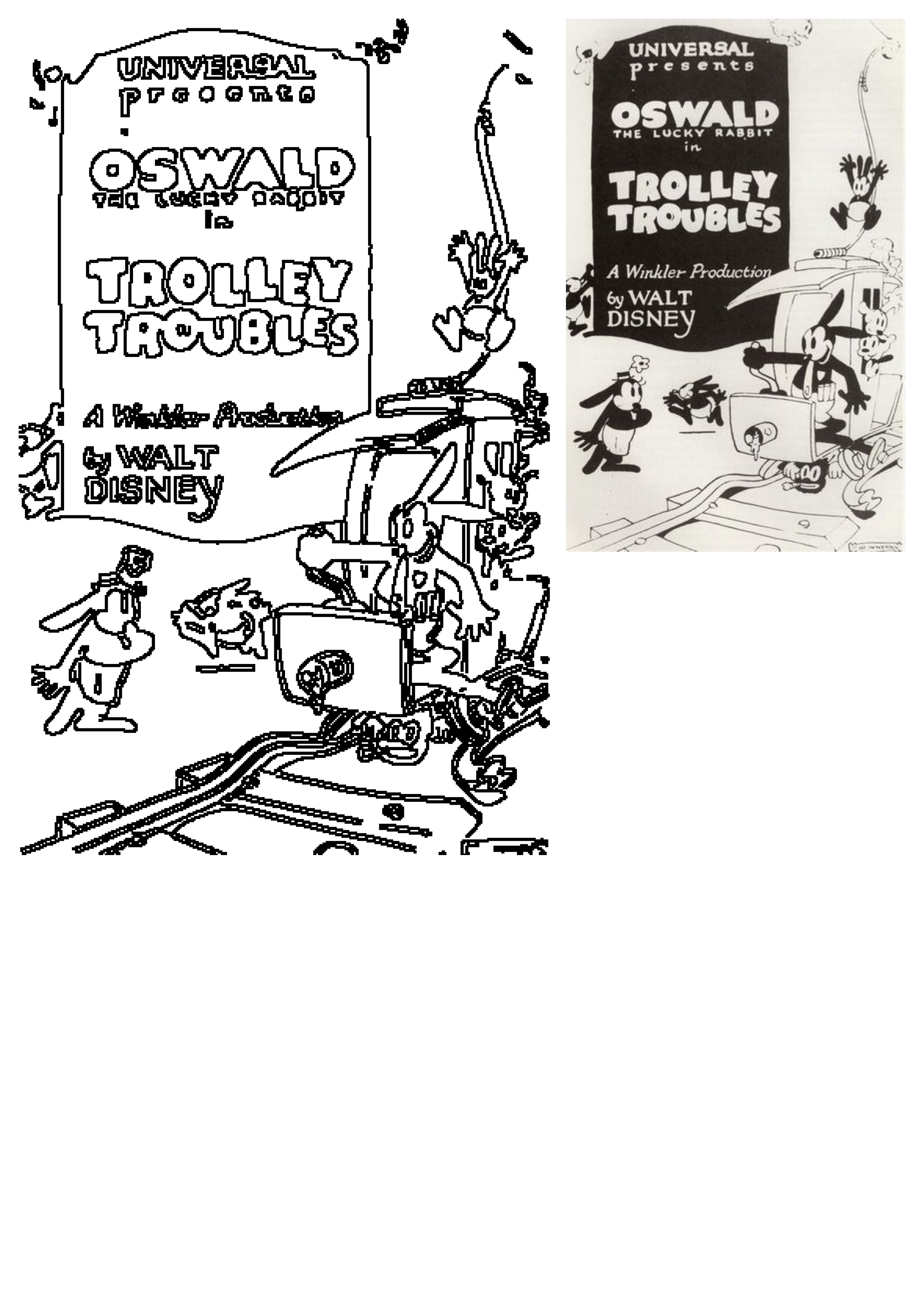 Walt Disney's Oswald the Lucky Rabbit in 'Trolley Troubles' cartoon poster art. Features Oswald driving a trolley, with film title and credits.
