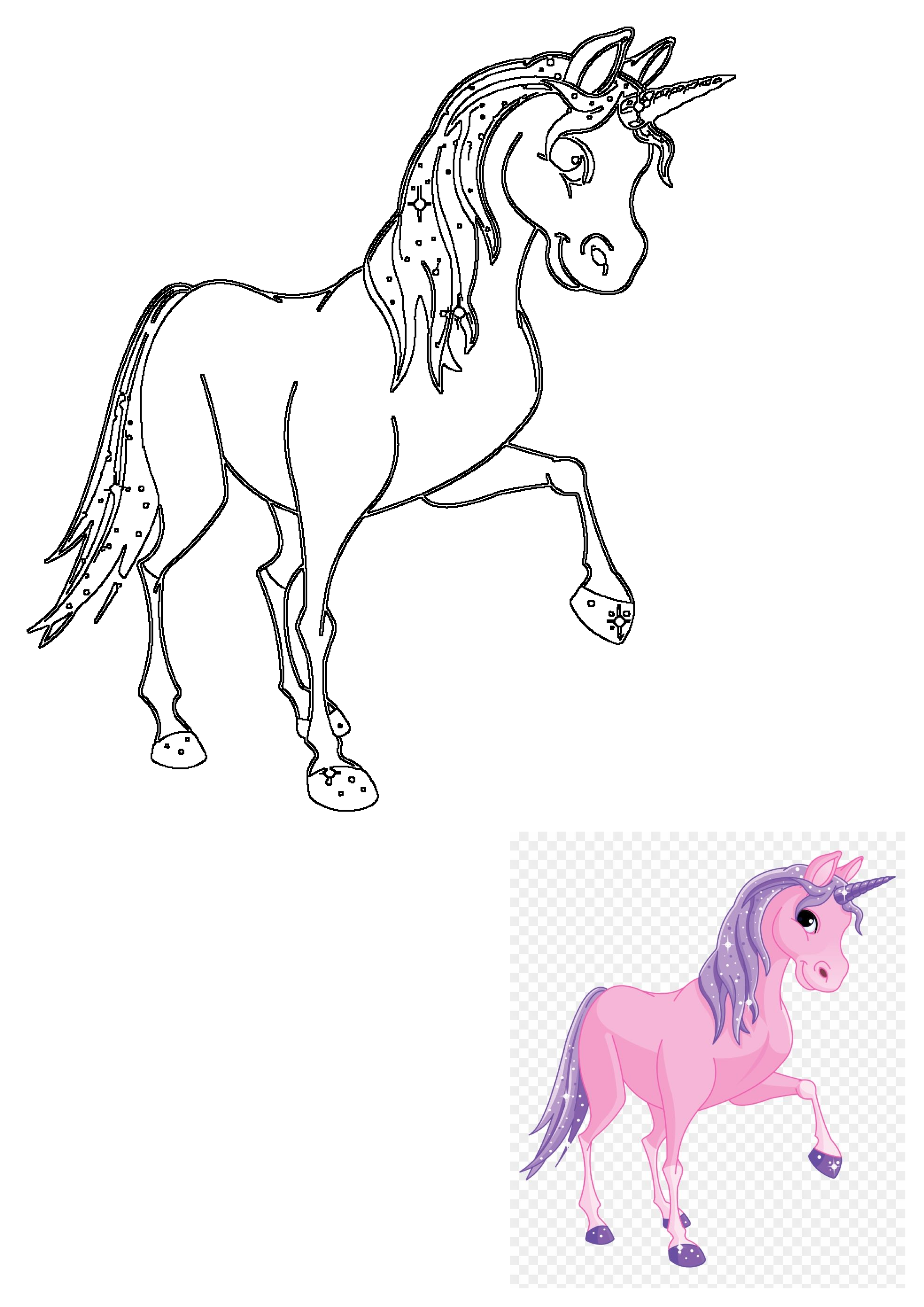 Magical pink unicorn illustration with sparkling purple mane, tail, and horn, featuring both a vibrant colored version and a clean outline.