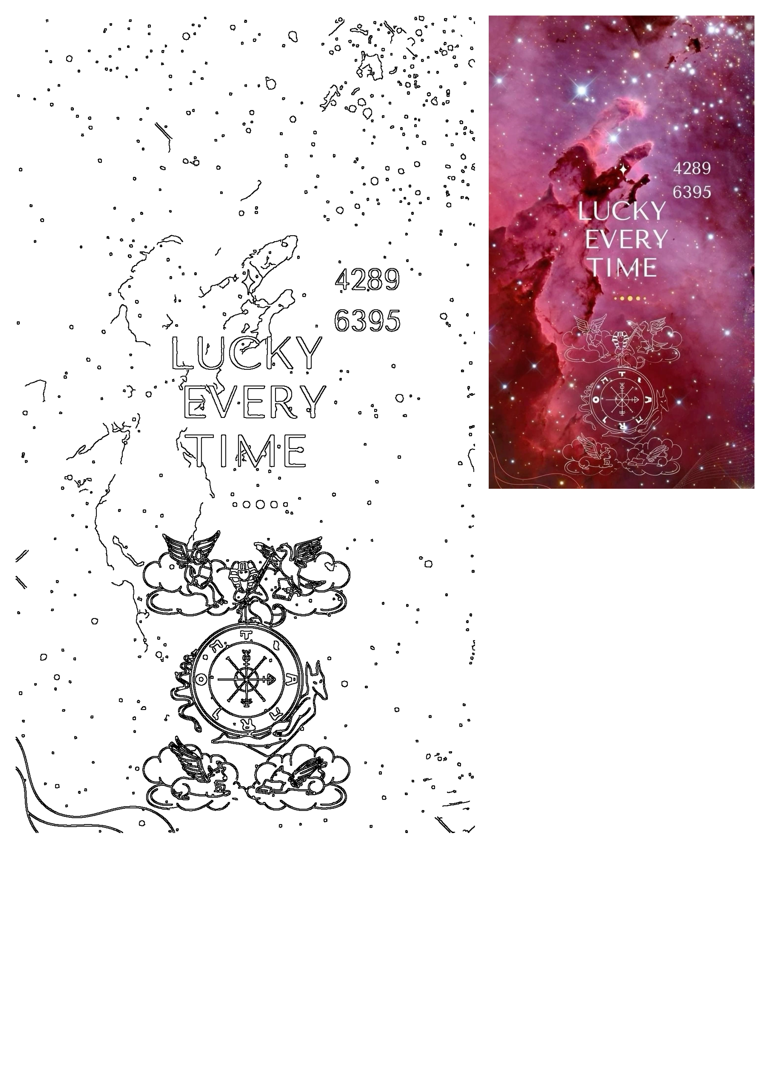 Vibrant pink nebula with 'Lucky Every Time' text, mystic astrological wheel, numerology 4289, 6395, and mythical creatures design.
