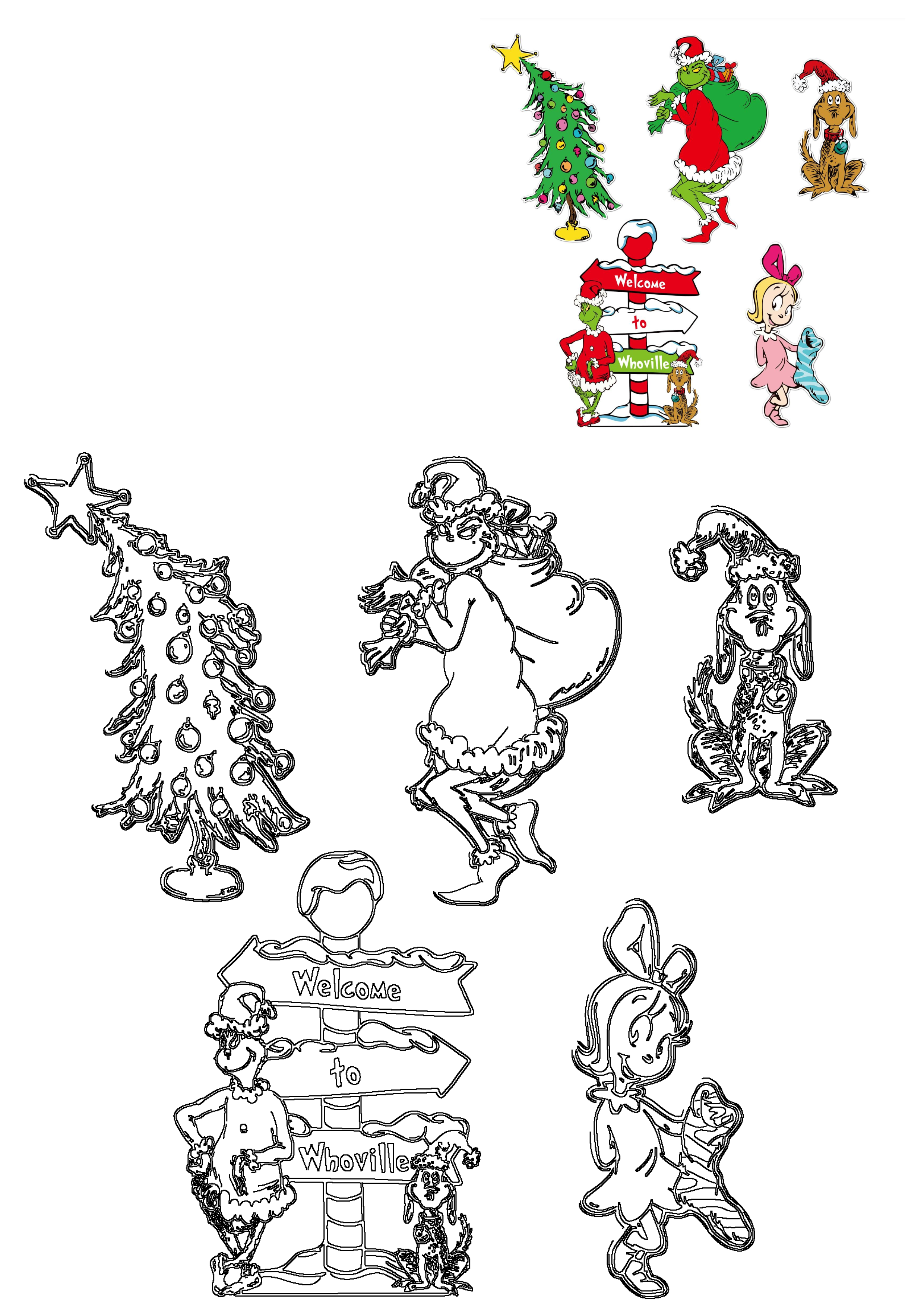 Dr. Seuss's Grinch Christmas artwork featuring Grinch, Max, Cindy Lou Who, decorated tree, and Whoville sign in color and outlines.