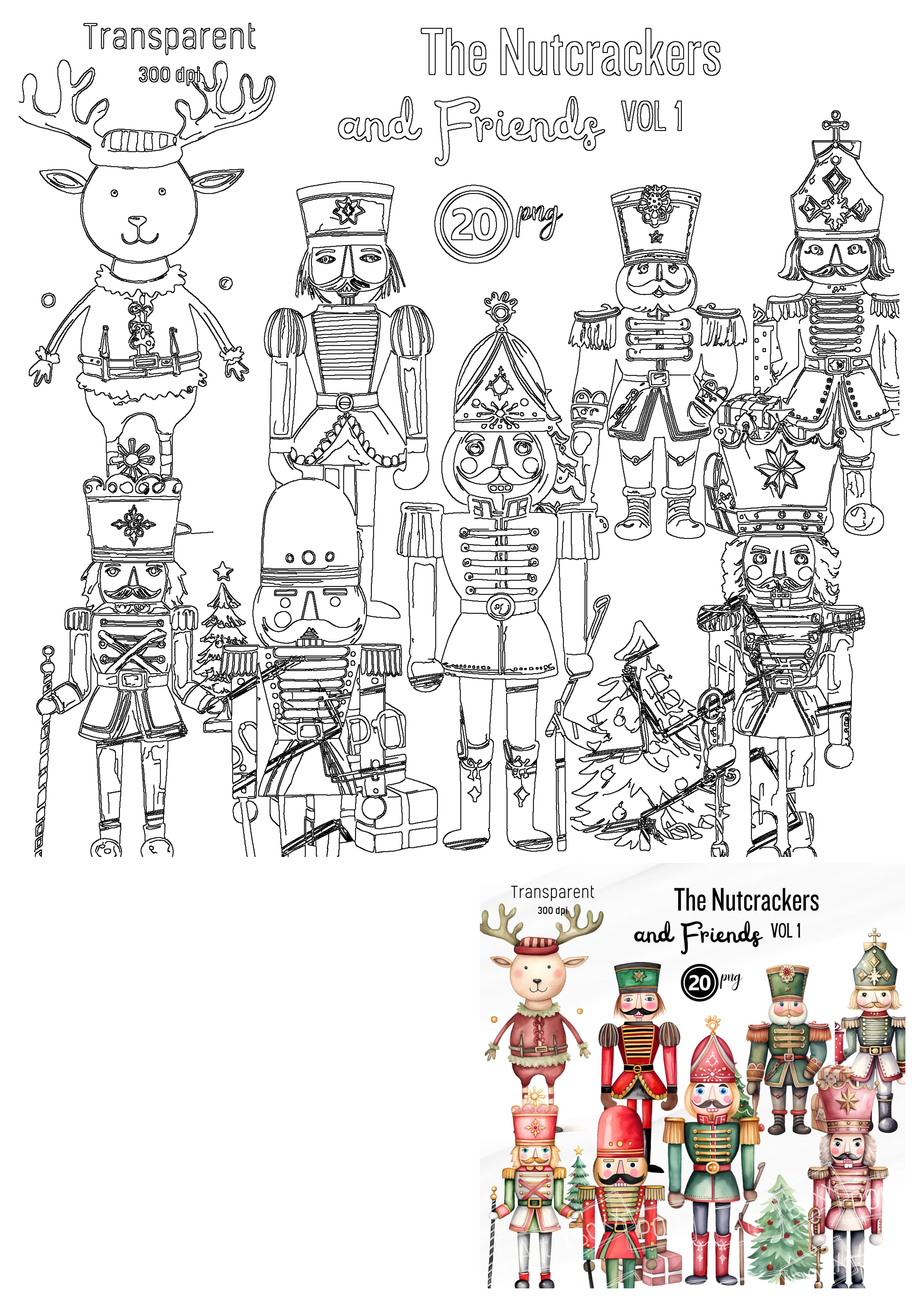 A collection of Christmas nutcracker and reindeer clipart with outlines and colored illustrations. Transparent 300 dpi PNGs.
