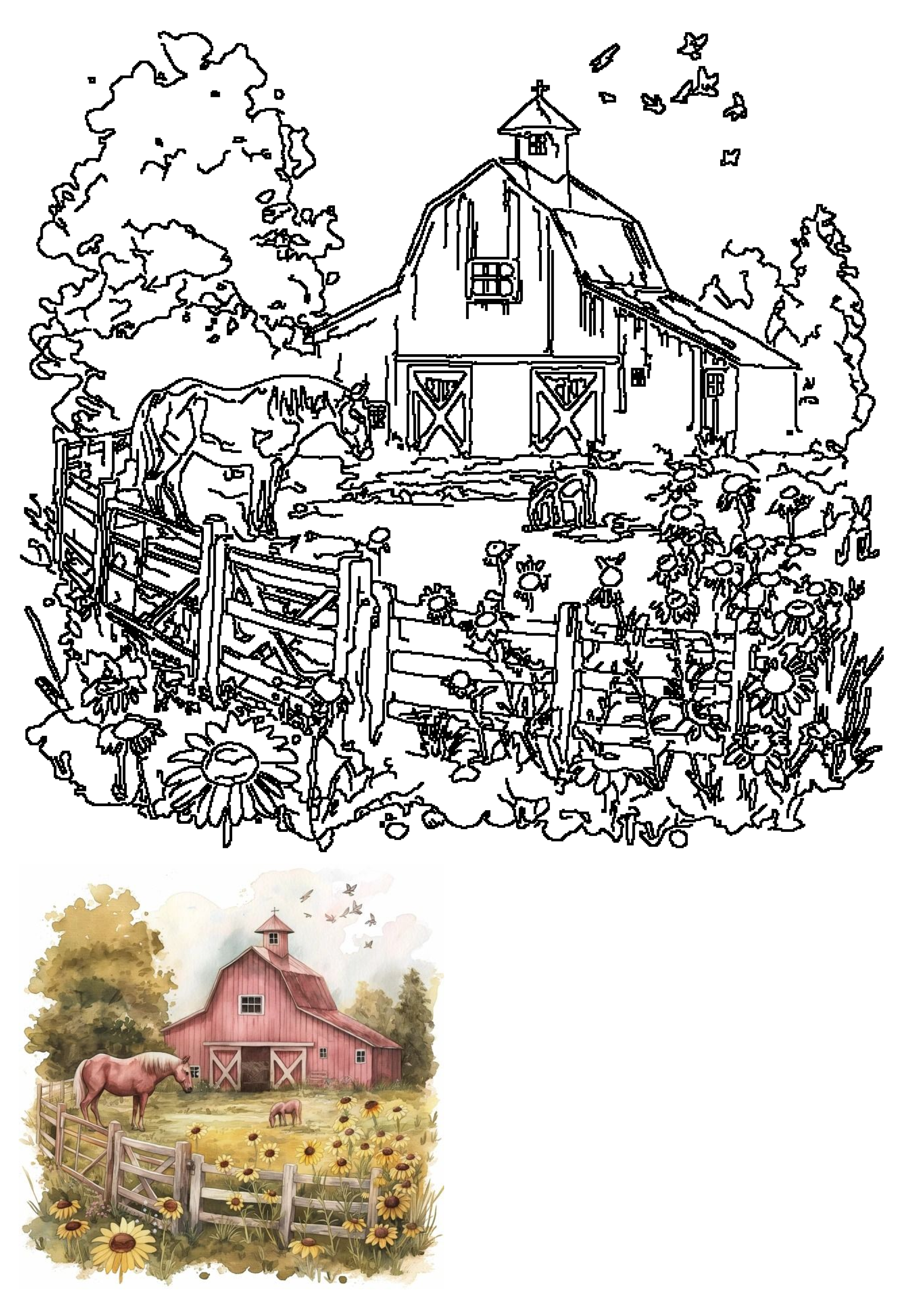 A beautiful watercolor painting of a rustic red barn with horses grazing in a sunflower field on a sunny countryside farm.