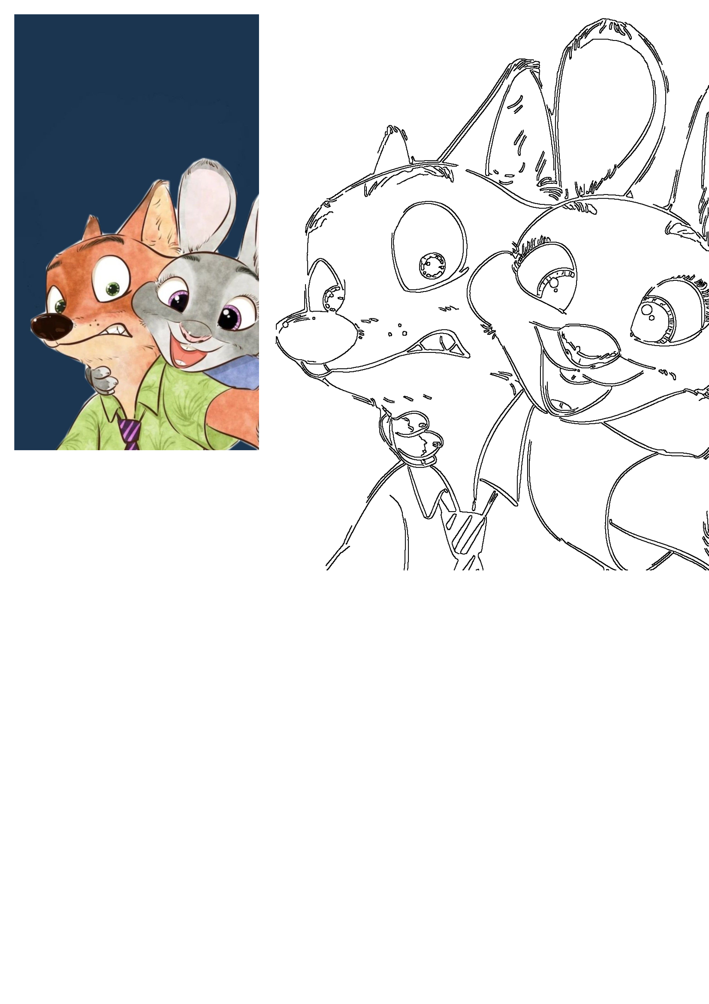 Zootopia's Nick Wilde and Judy Hopps duo, featuring a colorful illustration next to its outline version. Nick looks surprised while Judy smiles.