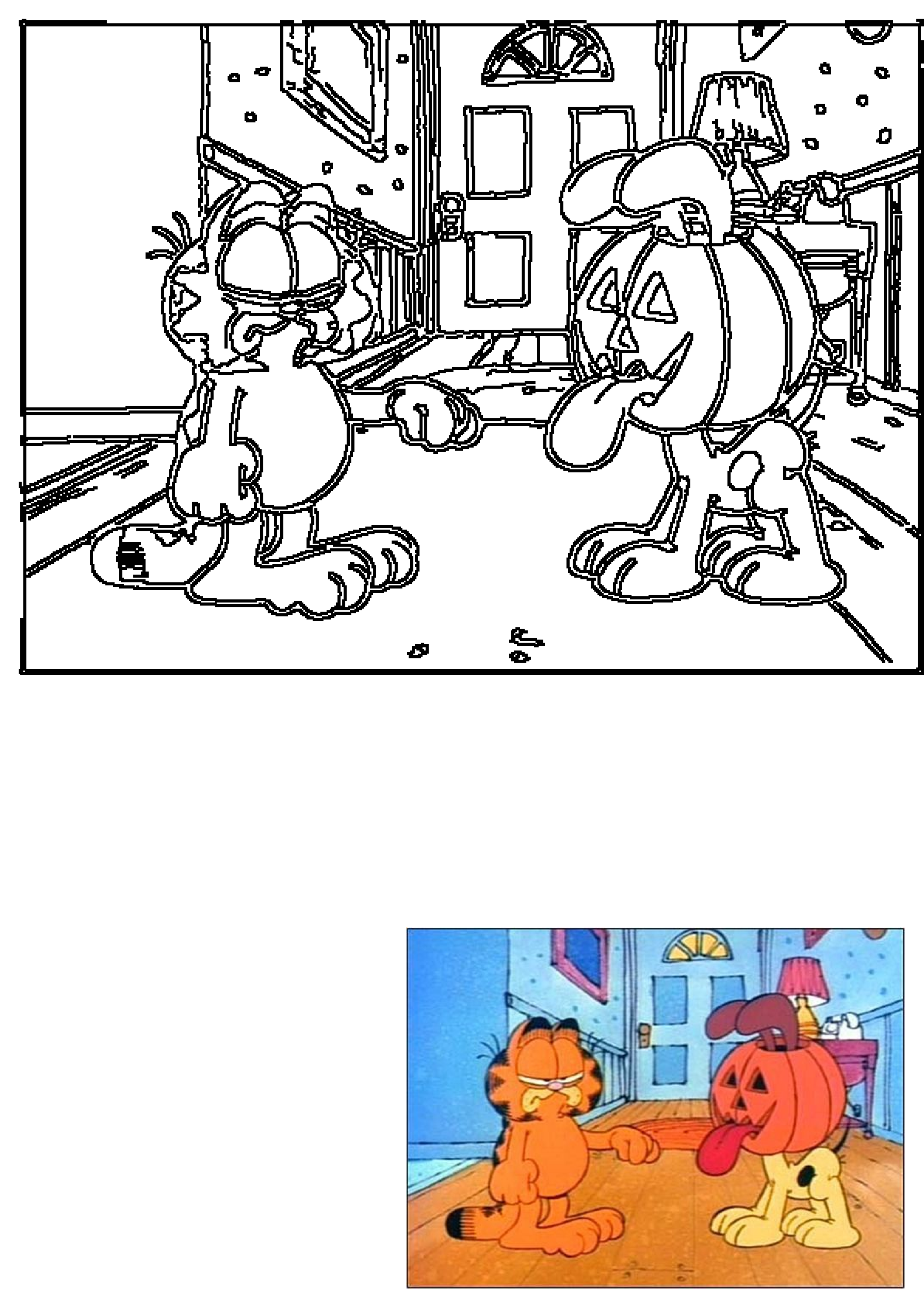 Garfield appears annoyed as Odie poses with a carved pumpkin on his head, celebrating Halloween in a fun cartoon scene.
