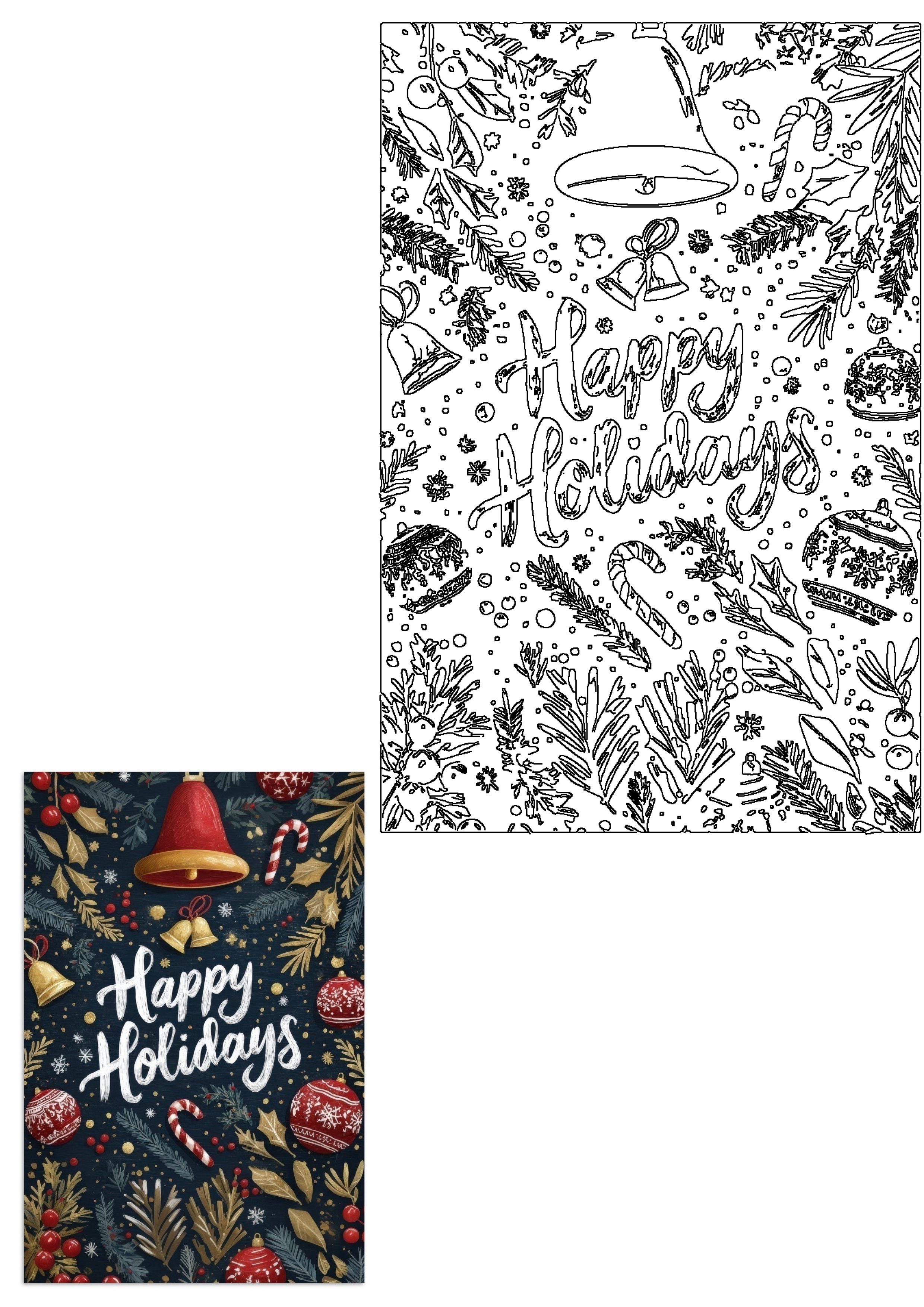 Outline art featuring Happy Holidays text, festive Christmas bells, candy canes, ornaments, holly, and pine branches.