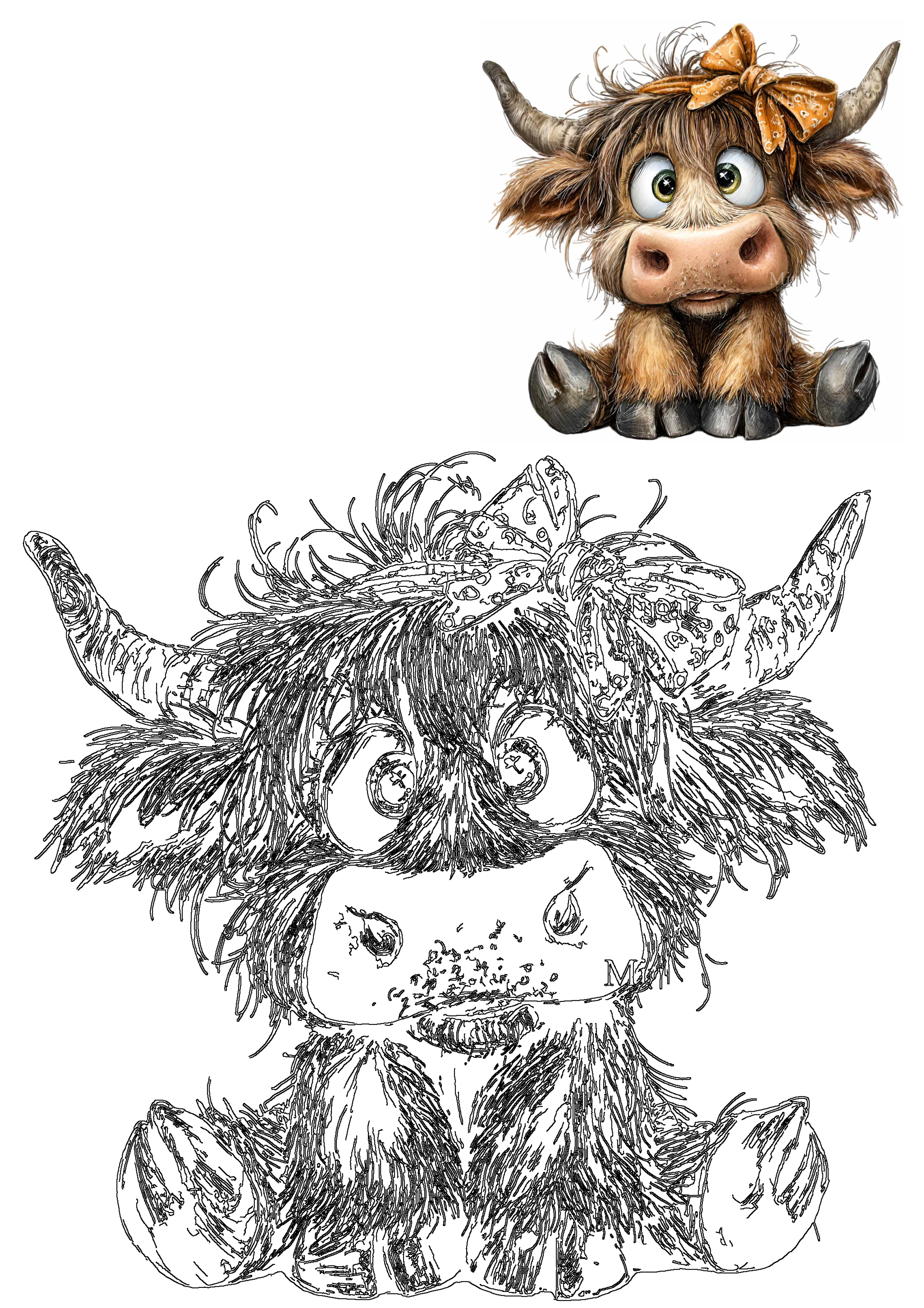 Cute Highland cow clipart, with both a fluffy cartoon calf wearing a bow and its outline for nursery wall art.