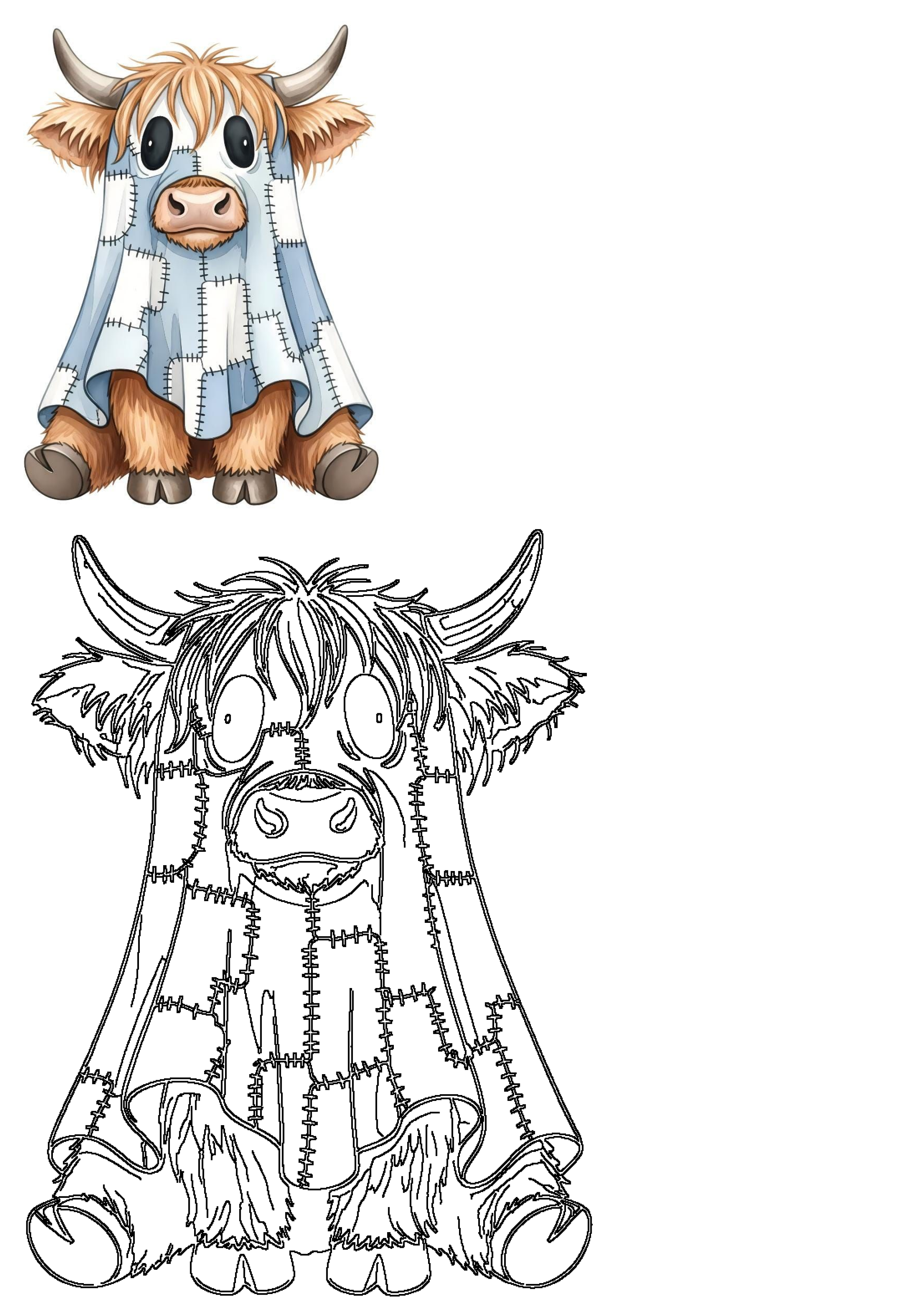 Cute cartoon Highland cow wearing a patchwork blue and white ghost Halloween costume, ready for trick-or-treating.