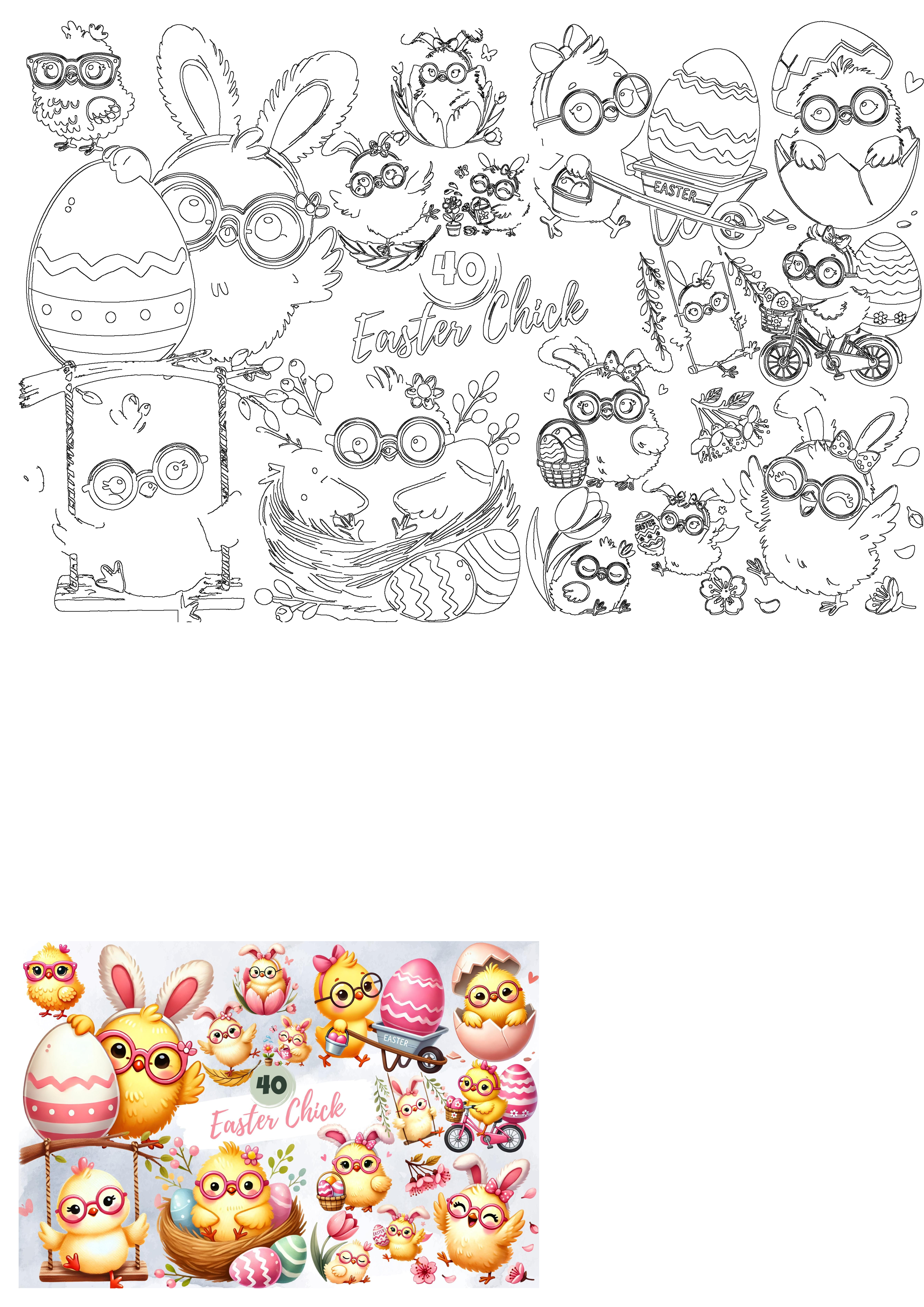 Adorable watercolor Easter chick clipart bundle featuring cute baby animals with glasses, bunny ears, eggs, and spring flowers.