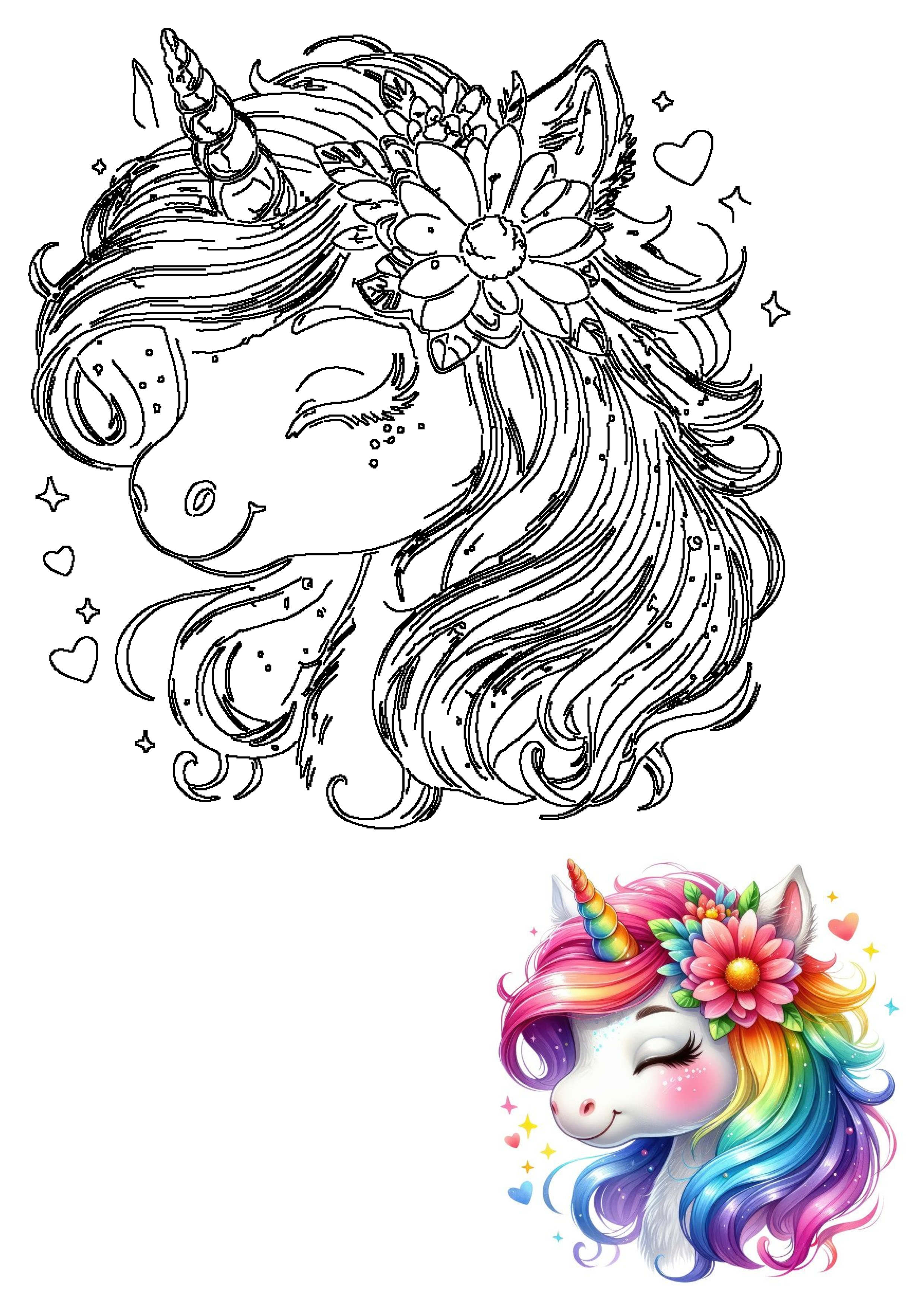 A charming outline of a unicorn head, featuring a floral crown, closed eyes, and a flowing mane. Perfect for creative minds to add vibrant colors and magic.