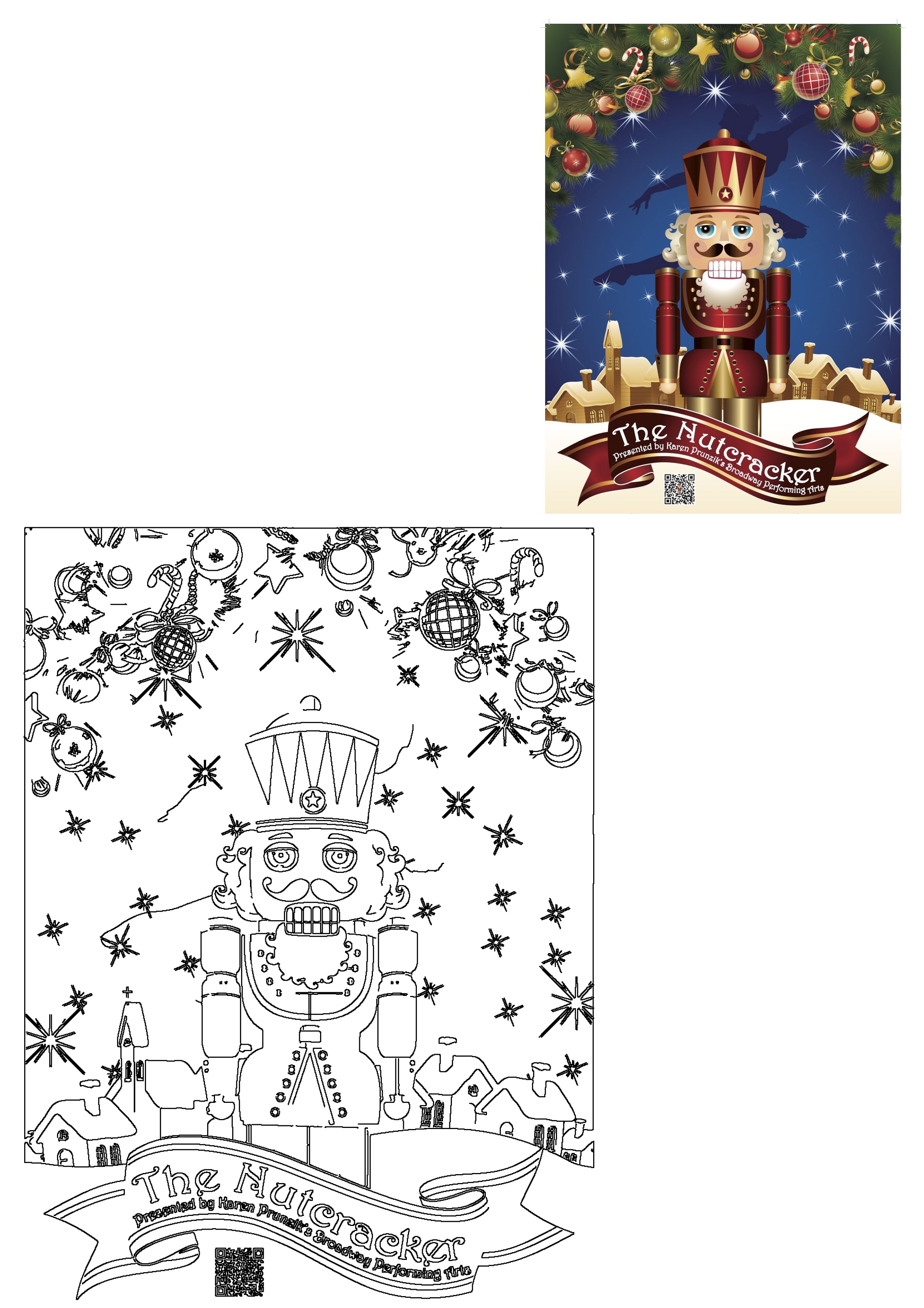 Vibrant Nutcracker ballet poster for Karen Prunzik's show, alongside a black and white outline drawing.