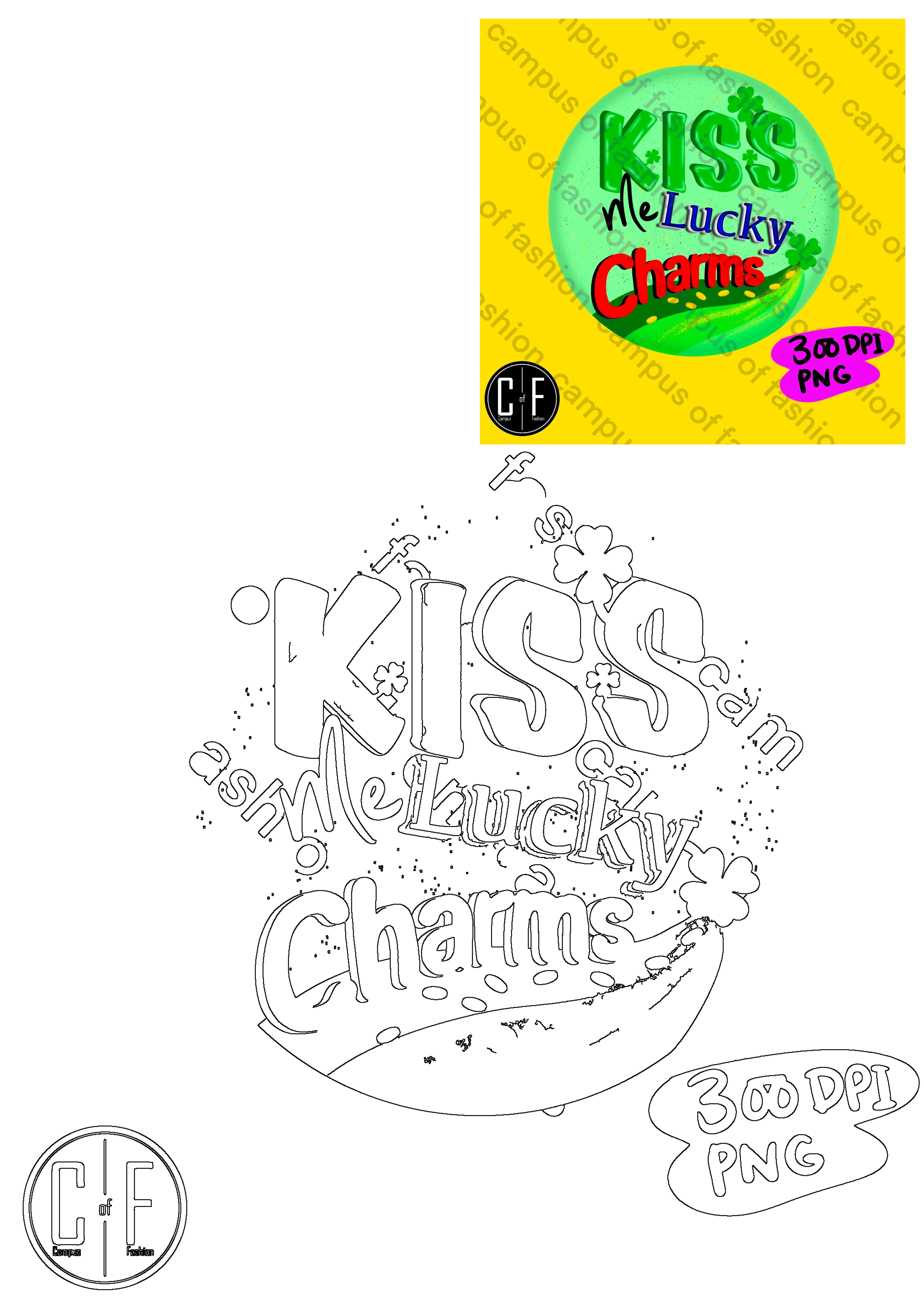 St. Patrick's Day "Kiss Me Lucky Charms" PNG vector art for Cricut, Silhouette, and Scanncut crafting projects.