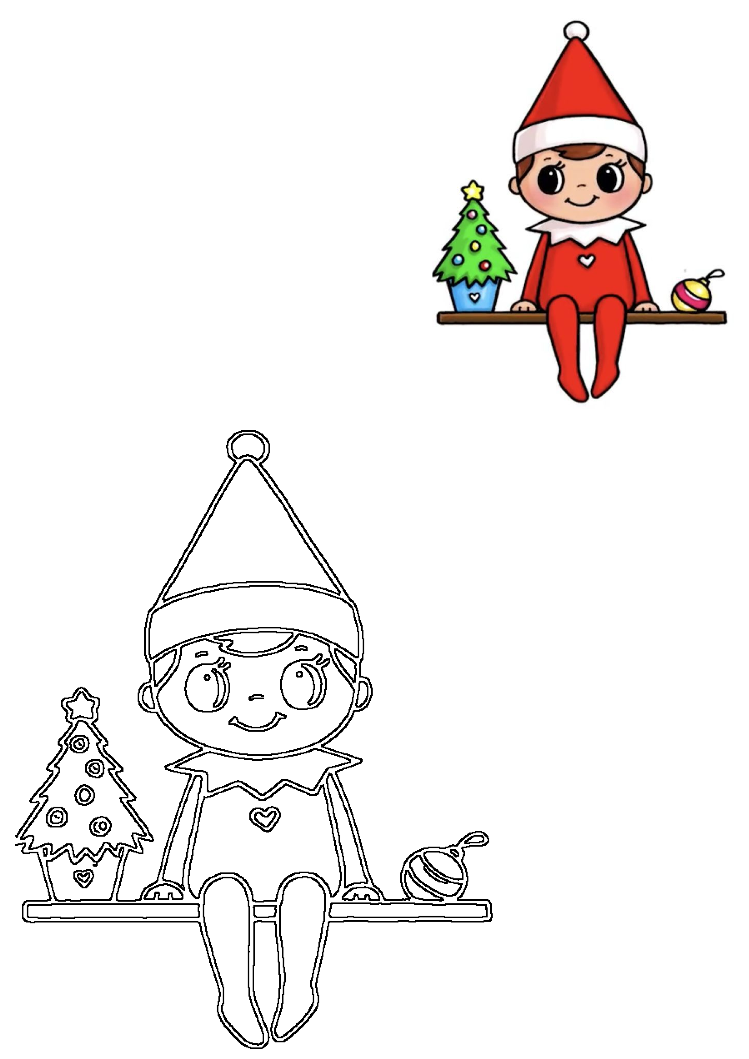 Adorable Elf on the Shelf character, both colored and outline, sits with a tiny Christmas tree and bauble, perfect for holiday themes.