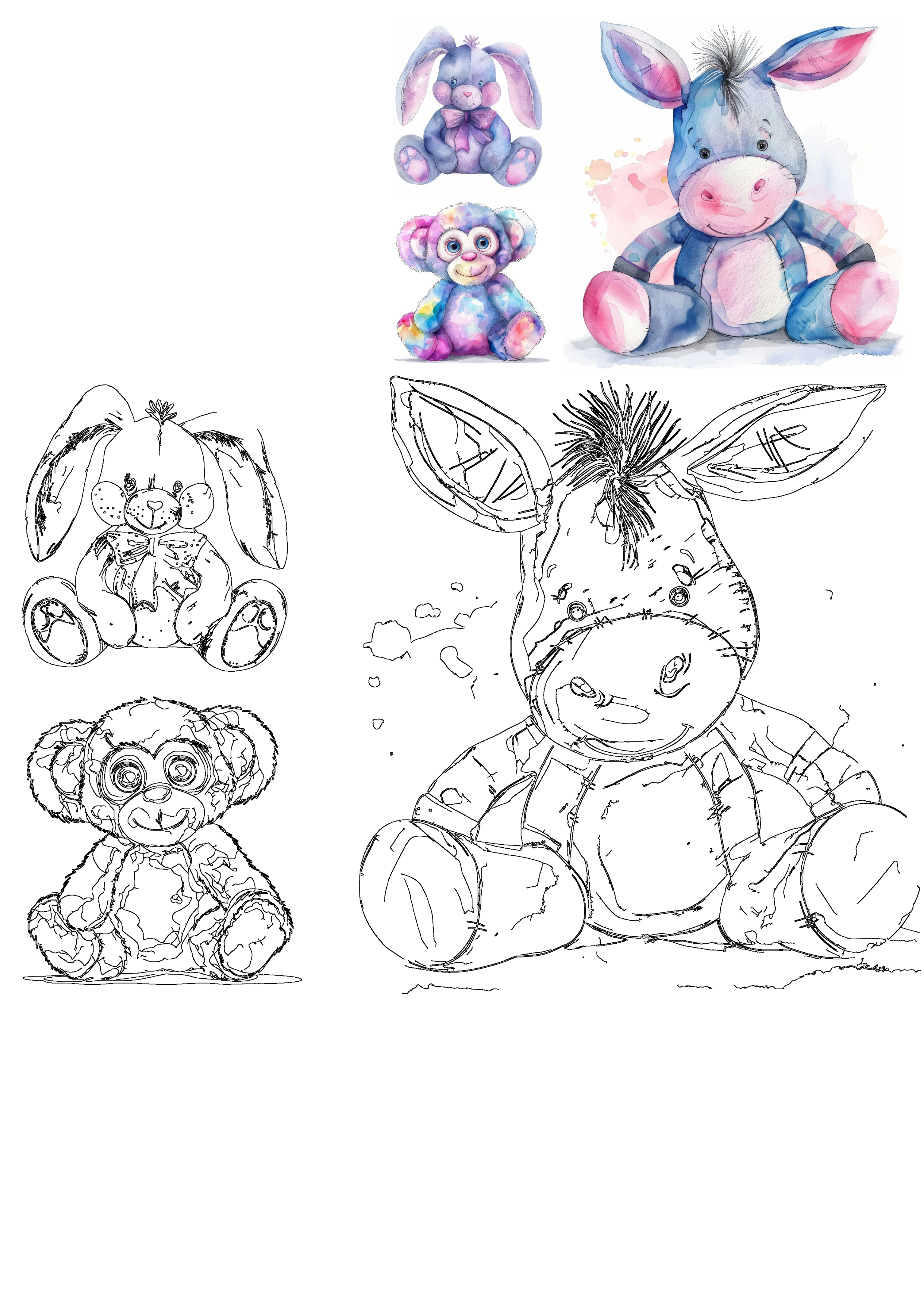 This colorful clipart bundle features watercolor stuffed animals including a cute bunny, monkey, and donkey, ideal for nursery decor.