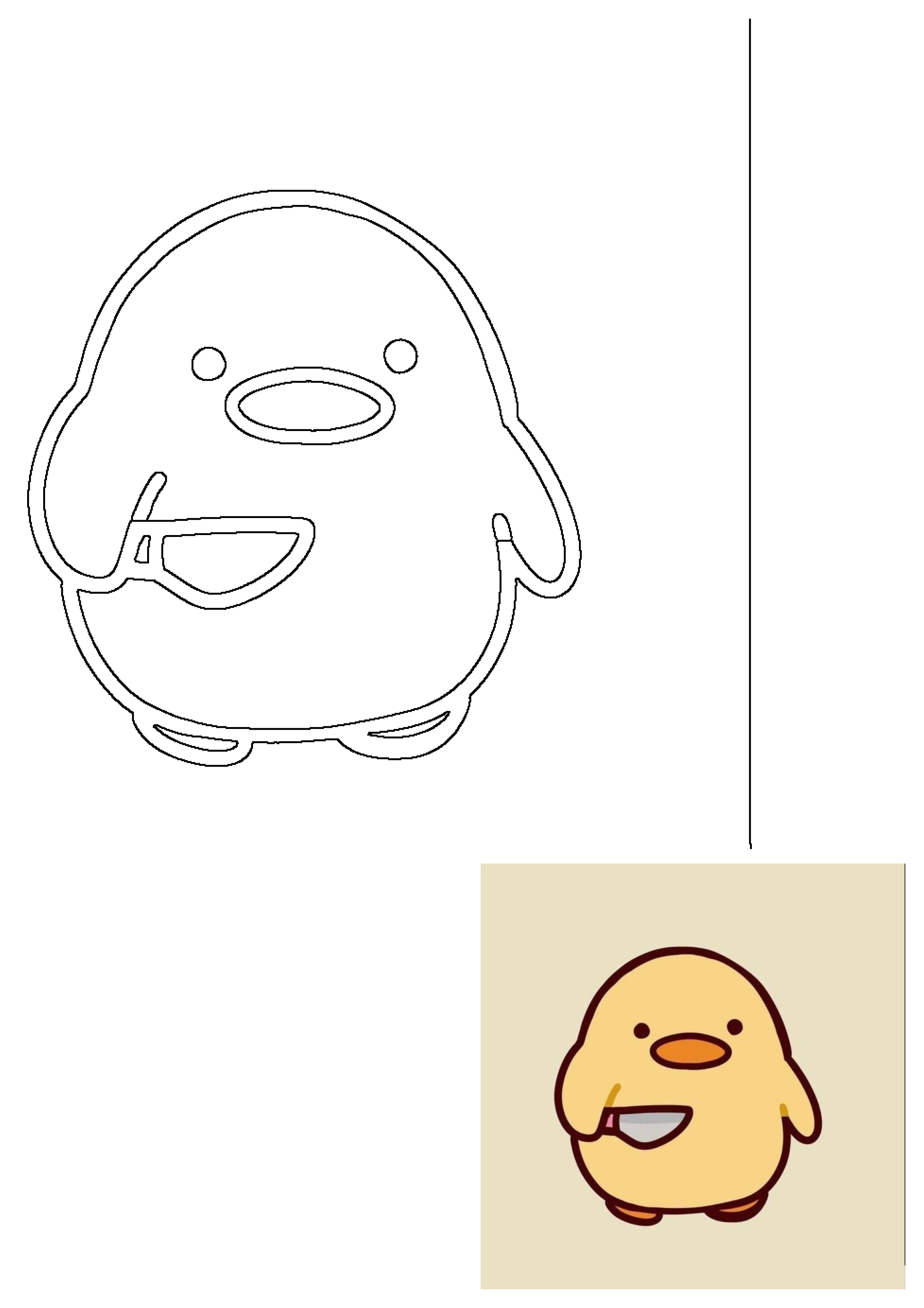 An adorable, round yellow cartoon chick gripping a small knife. This art includes both a detailed outline and a vibrant colored version.