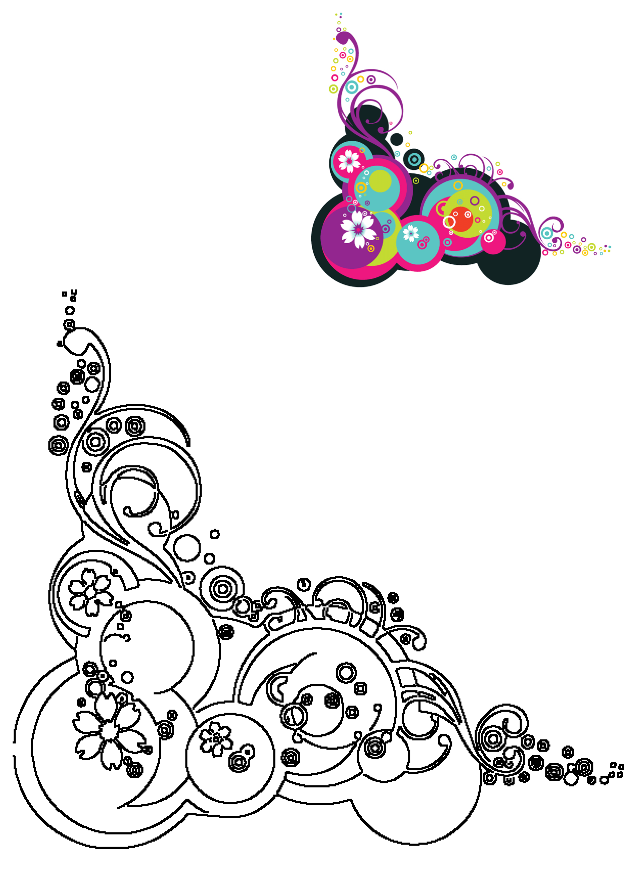 Vibrant vector design with abstract flowers, swirling lines, and layered colorful circles, plus a black outline for art projects.