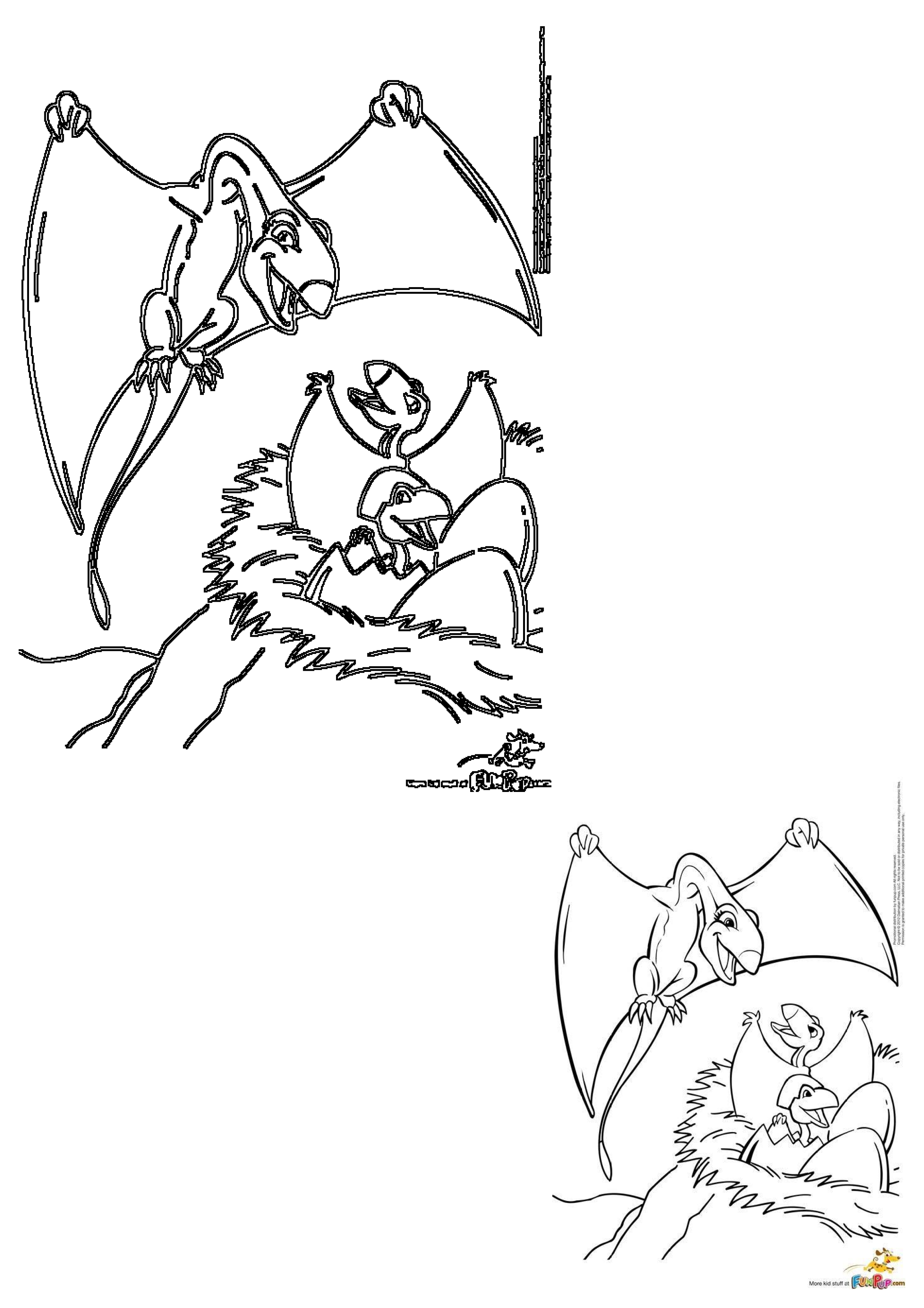 Pterodactyl Parent Baby Hatching Nest. A parent pterodactyl flies above its nest as a baby hatches from an egg, alongside another chick.