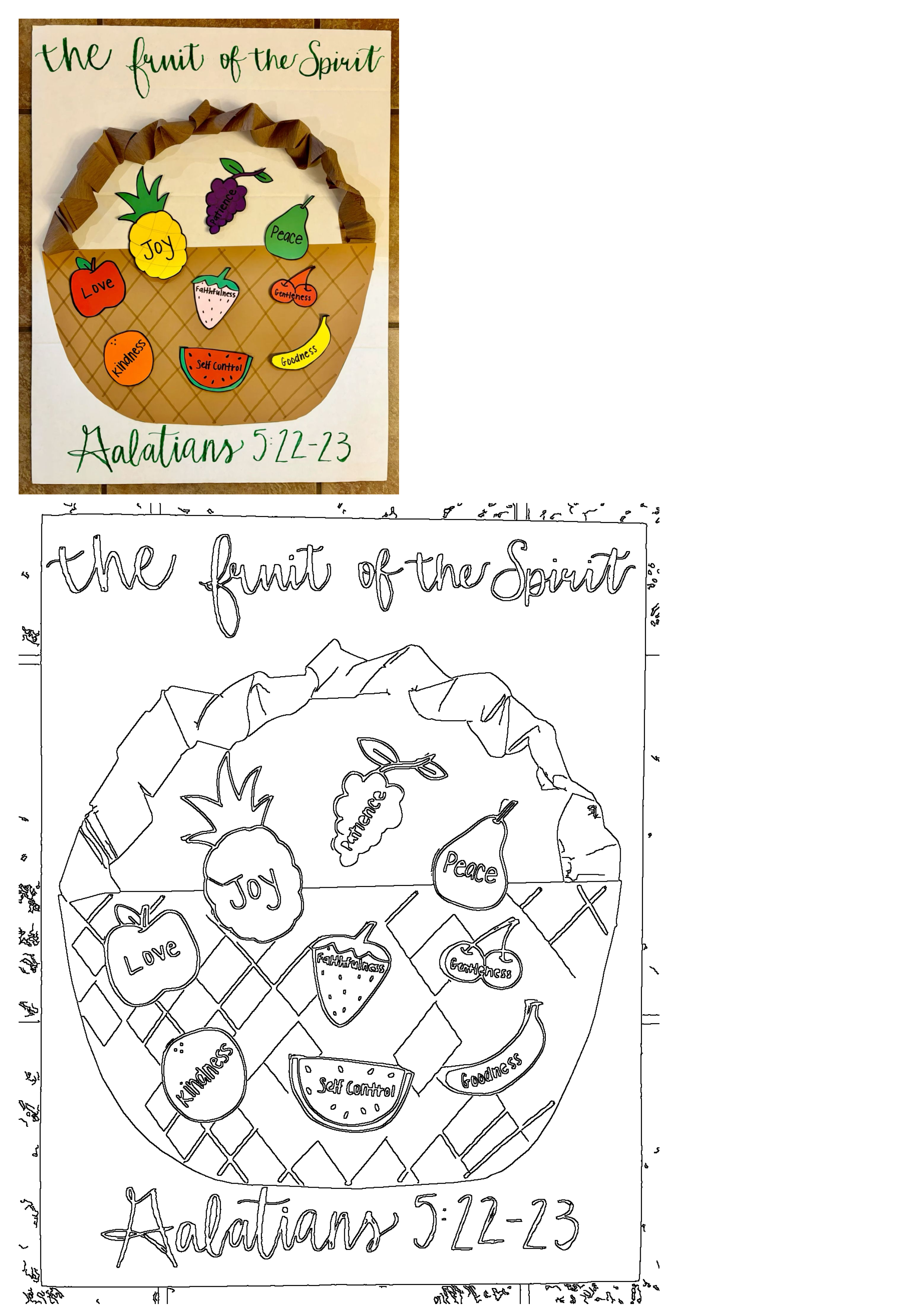 Fruit of the Spirit basket visual with Love, Joy, Peace, Patience from Galatians 5:22-23. Includes colorful example & blank outline for crafts.