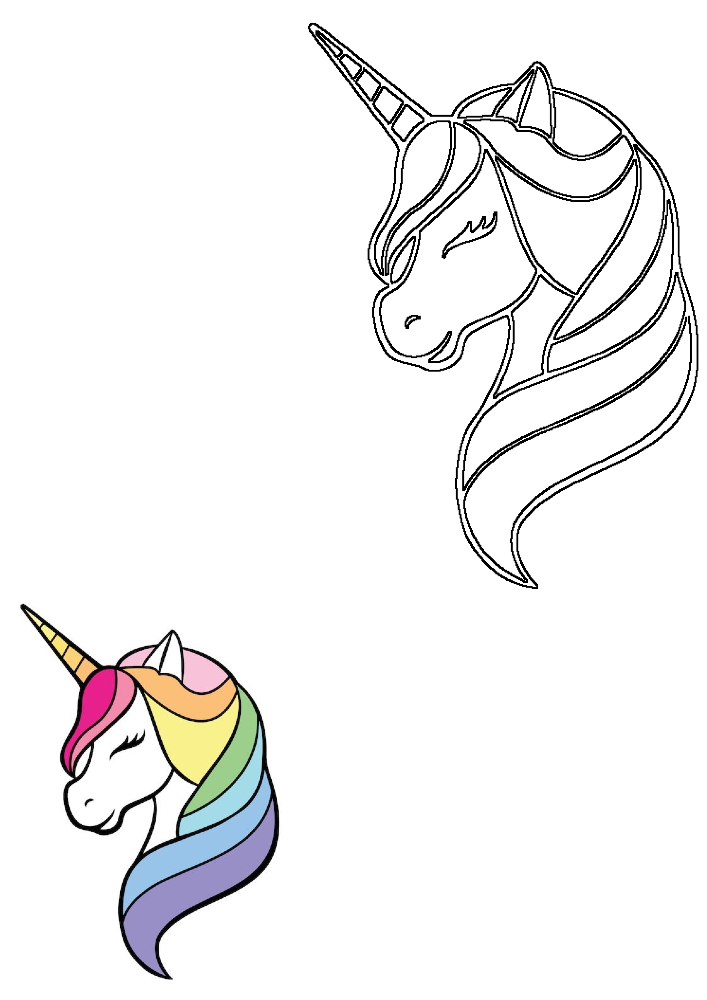 Two charming unicorn heads, one a detailed black outline, the other a vibrant rainbow-maned illustration, evoking magic and fantasy.