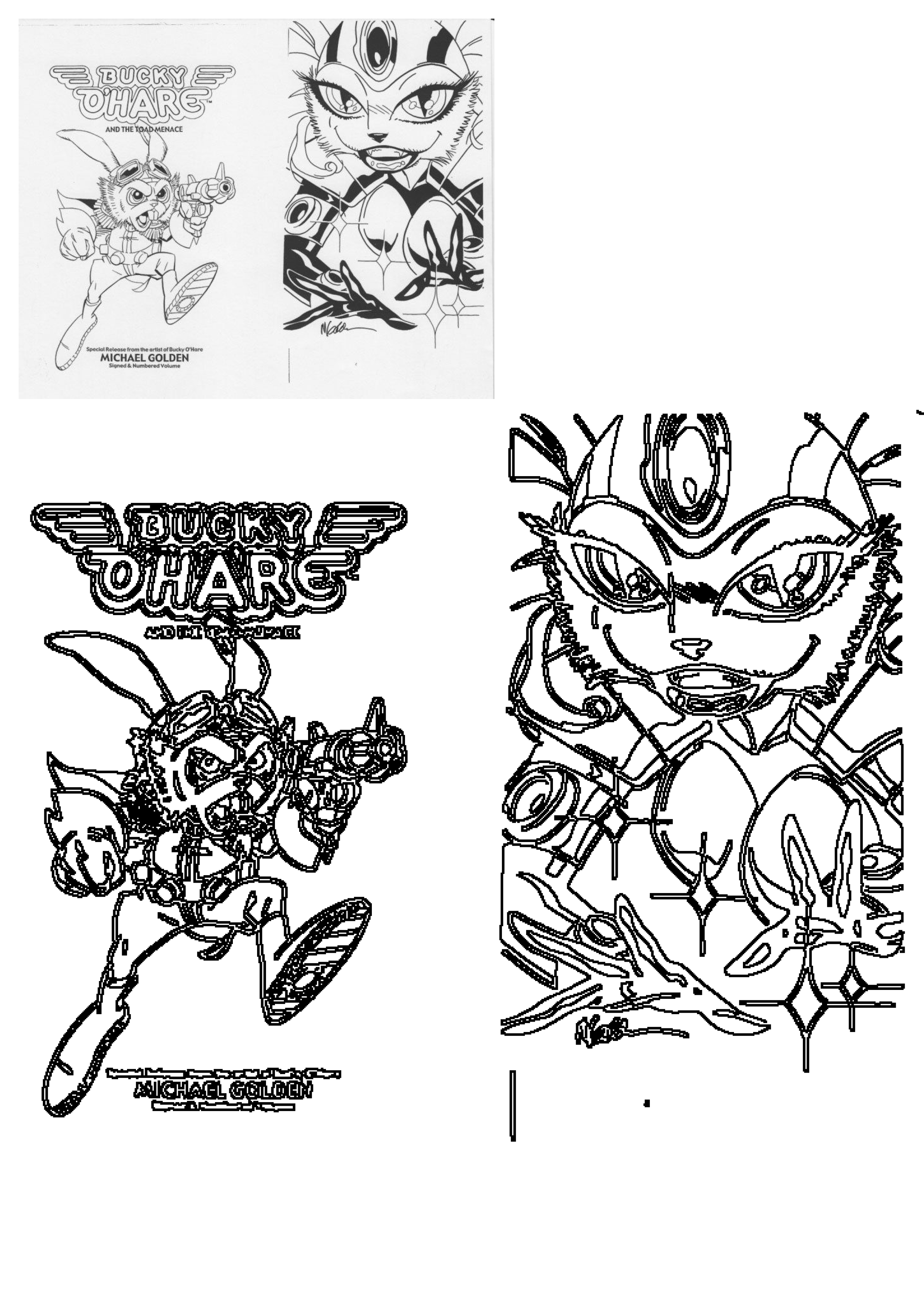 Dynamic black and white sketch by Michael Golden featuring Bucky O'Hare in action and a fierce girl rabbit character.