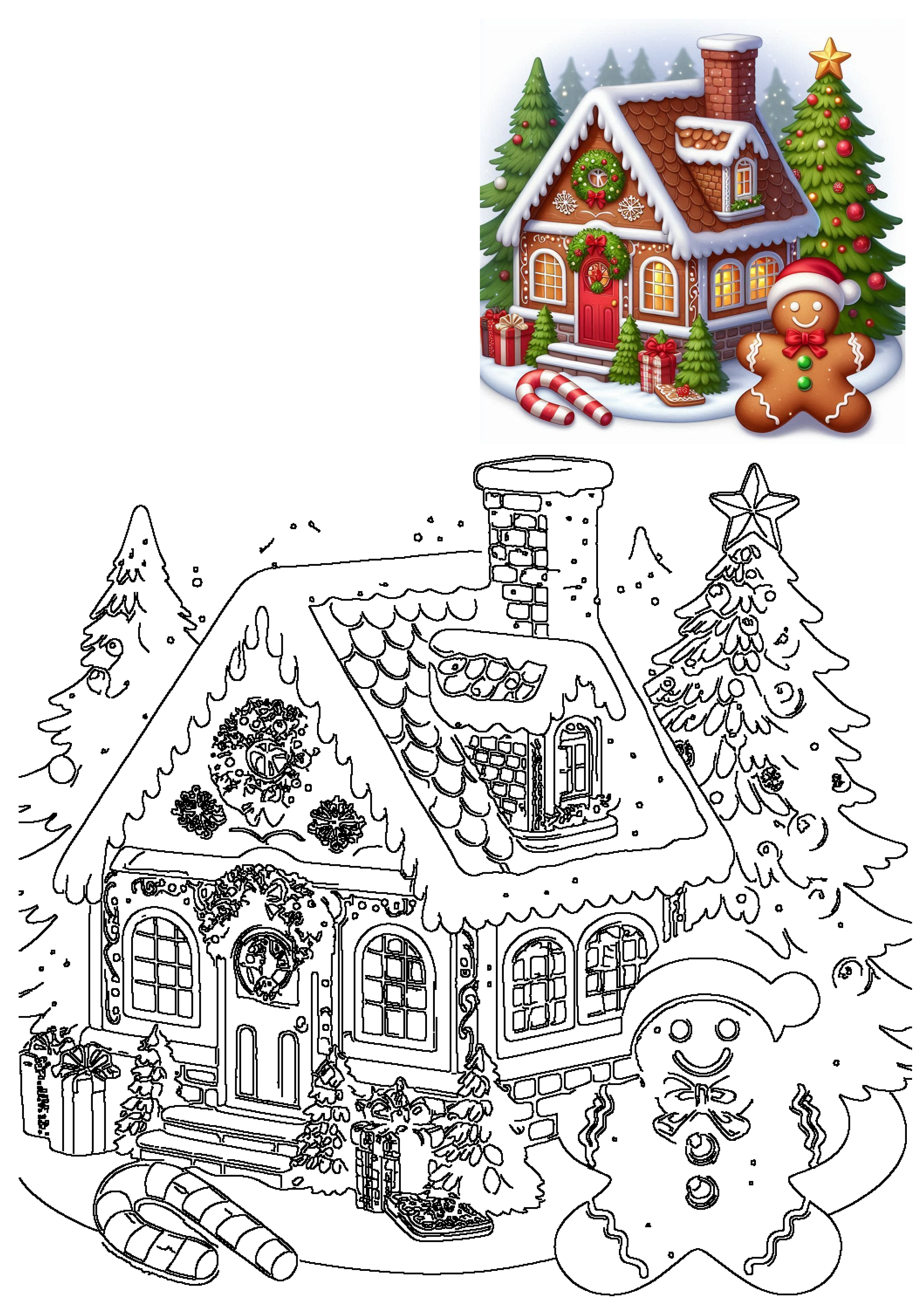 A festive gingerbread house scene with Christmas trees, gifts, candy canes, and a gingerbread man, presented in both full color and black-and-white outline.