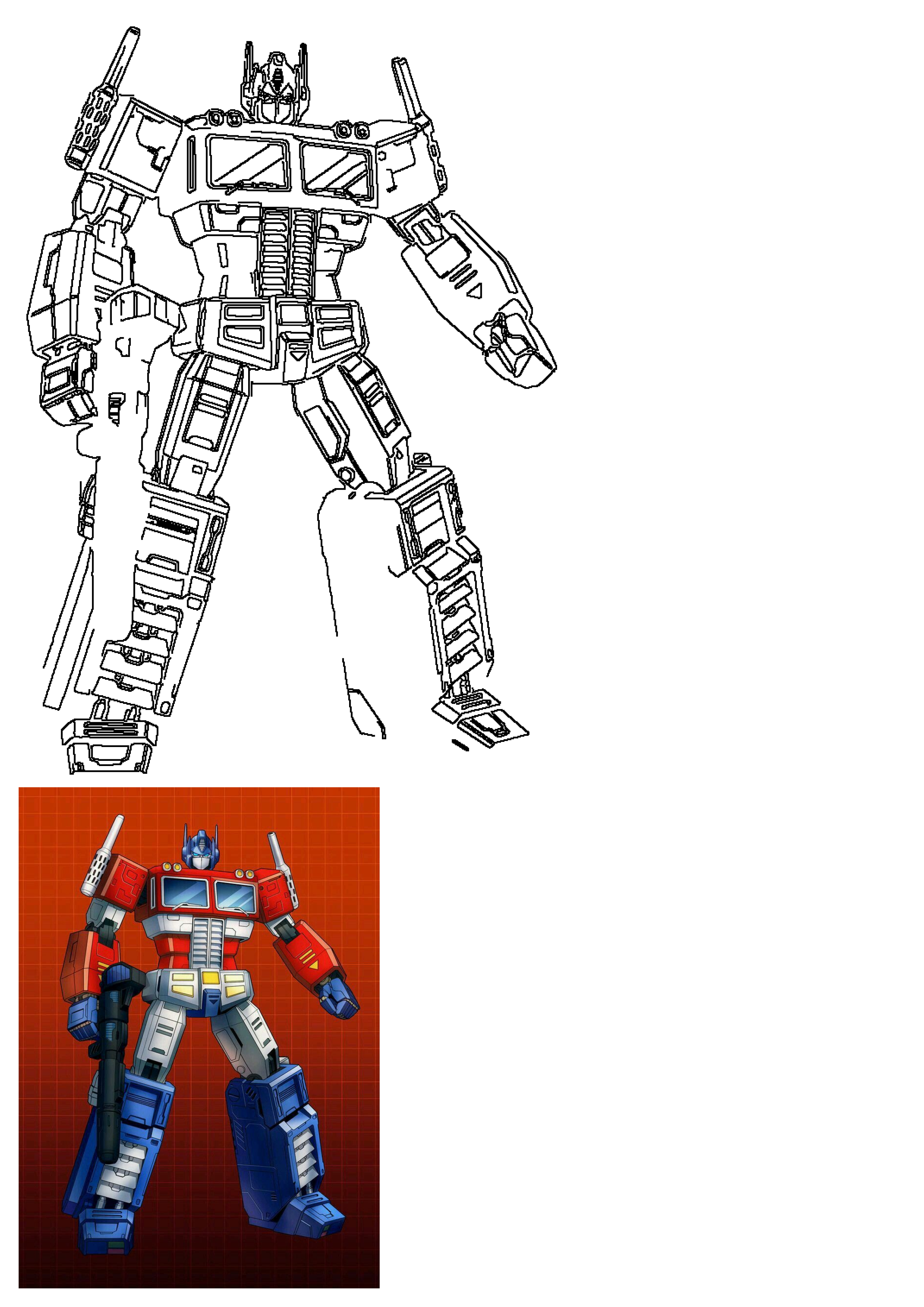 Detailed Optimus Prime line art alongside a vibrant full-color illustration, showcasing the iconic standing robot.