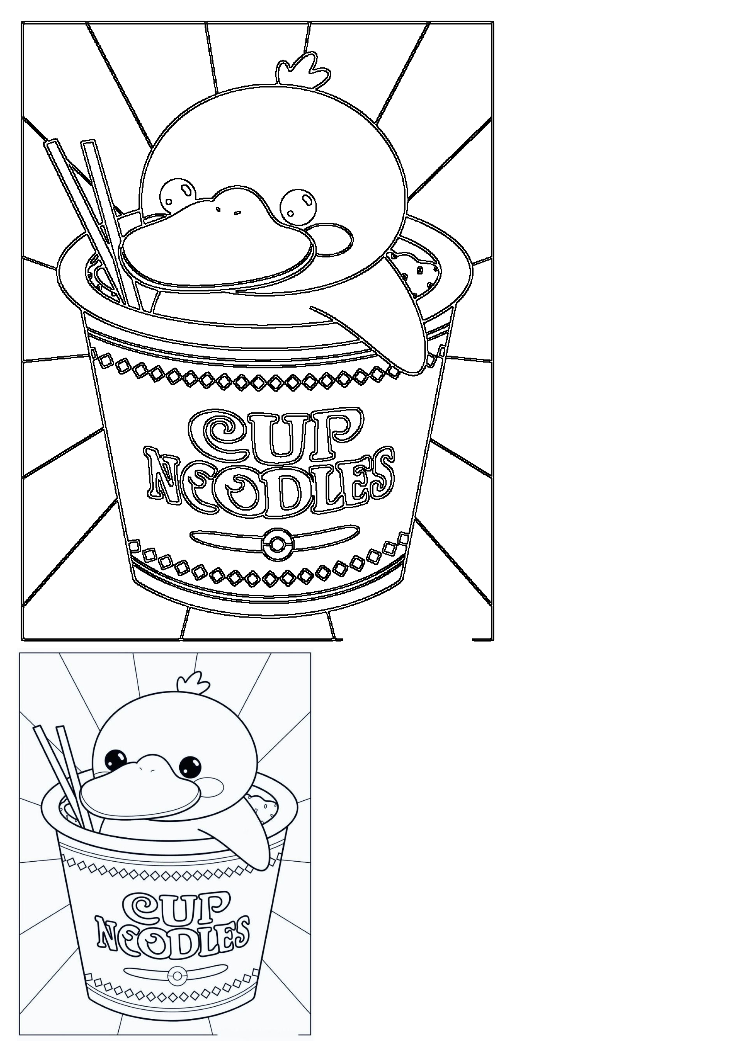 This printable outlines Psyduck happily sitting in a cup of noodles, complete with chopsticks and a radial background, available free.