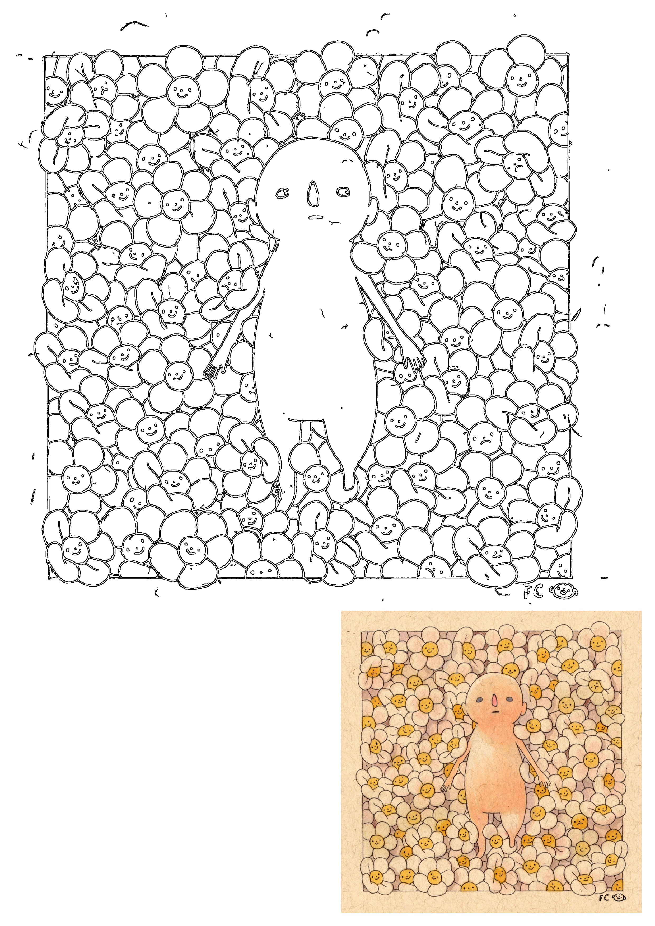 Felicia Chiao's original drawing features a whimsical character surrounded by a field of smiling daisy flowers in an animated art style.