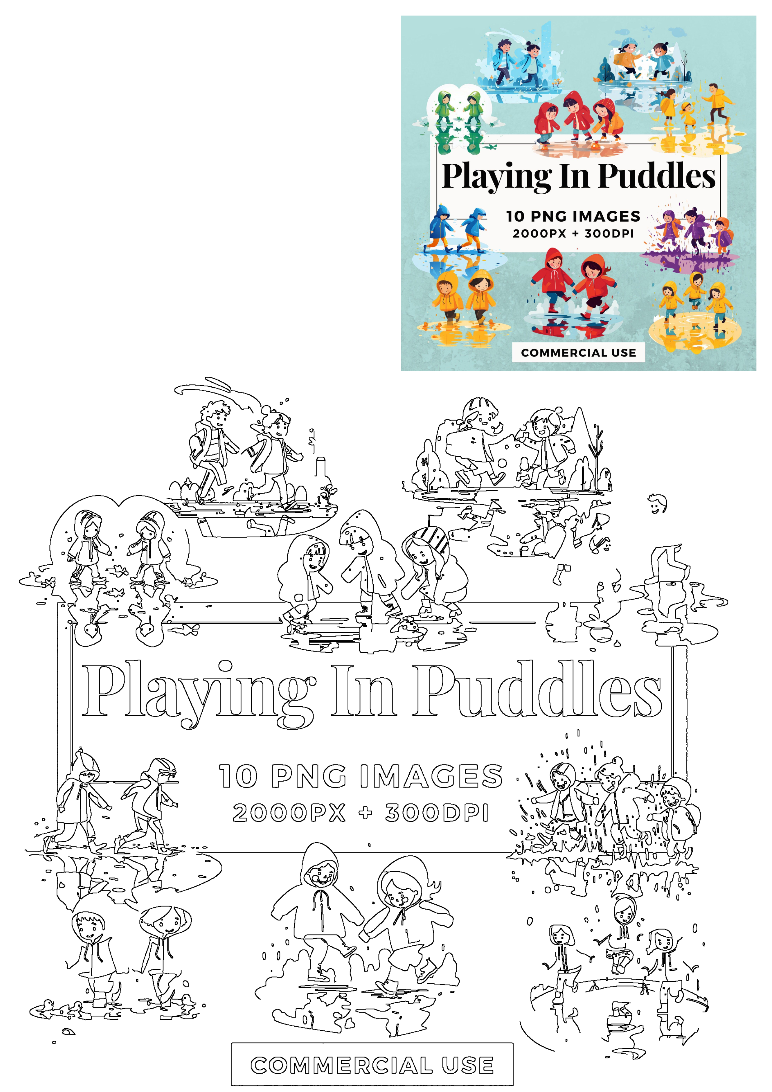 Playing Puddles Clipart Pack Illustrations PNG, featuring joyful children in rain gear splashing, alongside outline versions.