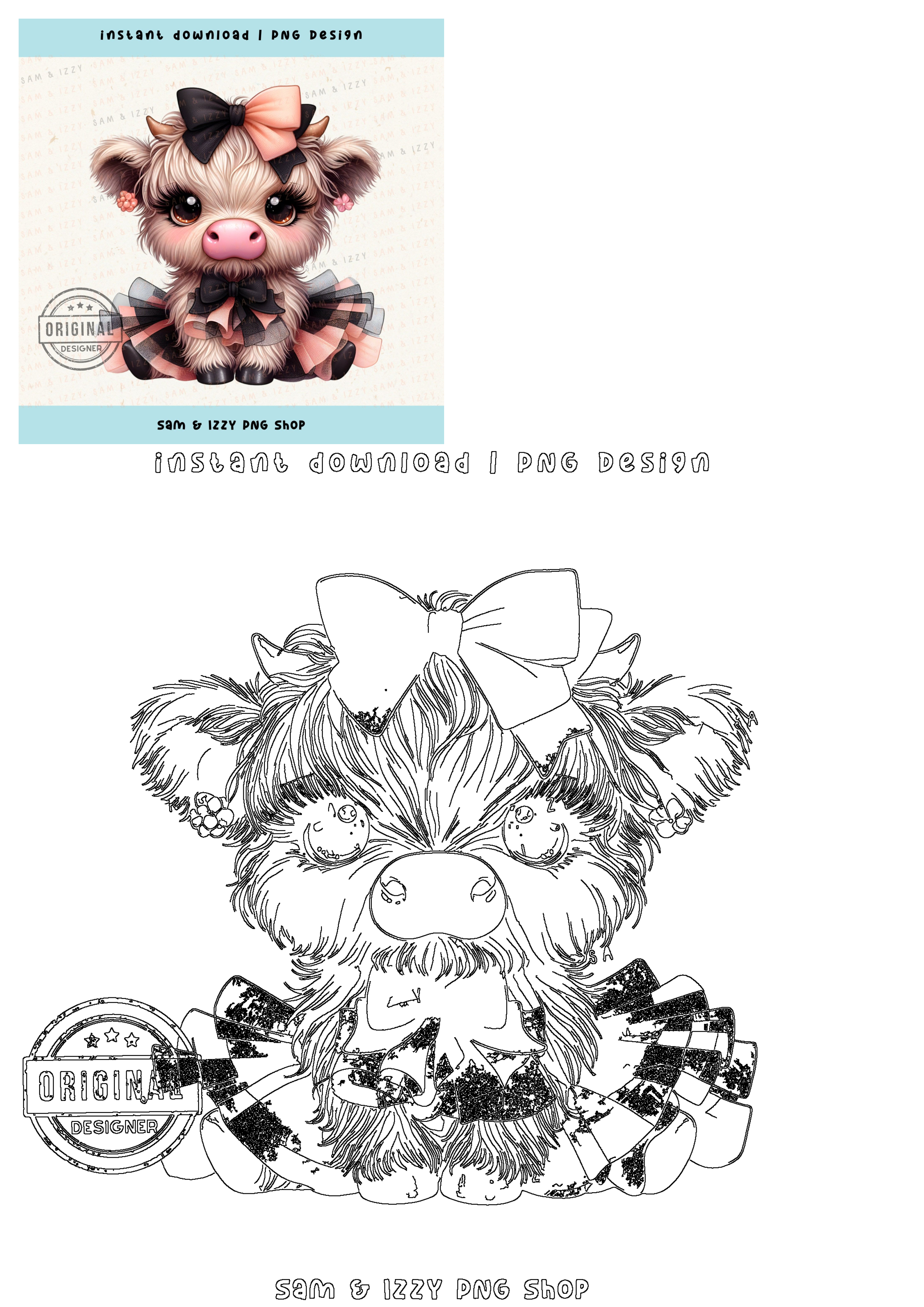 Cute, fluffy cartoon calf with big, expressive eyes, a pink nose, and long lashes. Adorned with a pink bow and black & pink plaid outfit, sitting down.