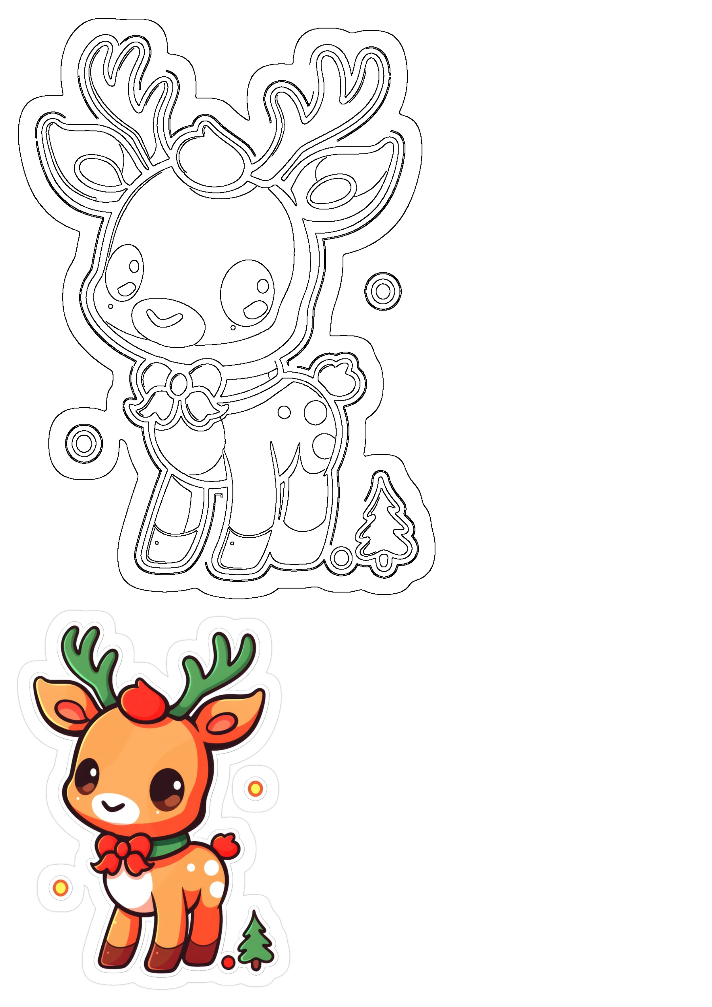 Cute baby Christmas reindeer outline and sticker. Adorable kawaii deer with green antlers, red nose, and bow. Ideal for holiday crafts.