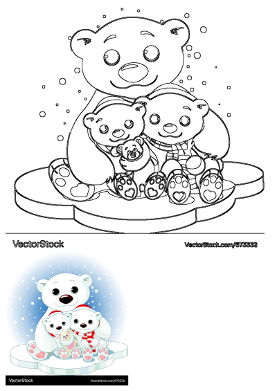 Cute cartoon polar bear family: mother, two cubs with winter accessories, and a small teddy bear, all on an ice floe in winter.