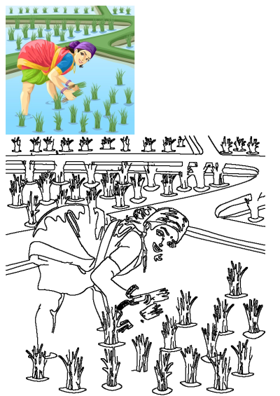 Vibrant illustration of a smiling Indian woman in traditional attire planting rice seedlings in a flooded paddy field.