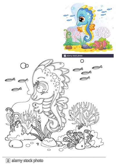 A cheerful blue and yellow cartoon seahorse swims in a vibrant ocean reef amidst colorful corals, green marine life, and small fish.