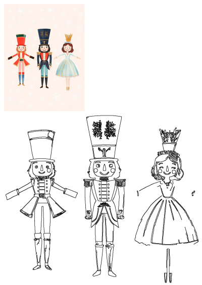 Illustration of Nutcracker ballet characters: two soldiers and the Sugar Plum Fairy, in vibrant color and outline versions for art projects.