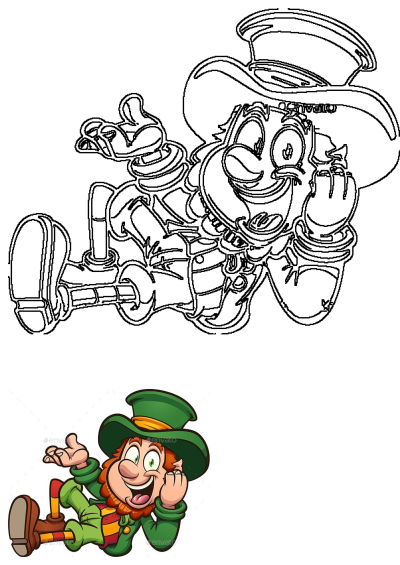 A joyful leprechaun cartoon character jumping happily, wearing green. Perfect for St. Patrick's Day, depicted with a big smile and an outline version.
