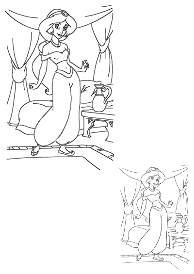 Princess Jasmine from Disney's Aladdin in a detailed outline drawing, perfect for kids to color. She stands smiling in her classic outfit.