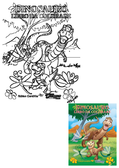 Dinosaur Coloring Book: Features two friendly dinosaurs (adult & baby), a tree, dragonflies, and flowers in a vibrant prehistoric scene.
