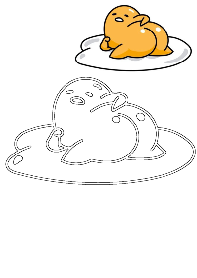 Gudetama, the lazy egg cartoon character, is shown on a white plate in both its iconic colorful form and a fun outline for coloring.
