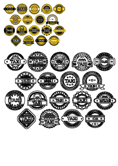 A collection of yellow, black, and white taxi badges and stickers in various shapes, including vector illustrations and outline versions.