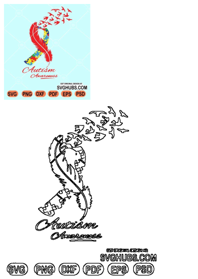 Colorful design featuring an autism awareness ribbon shaped like a feather, adorned with puzzle pieces, and a flock of birds flying from it.