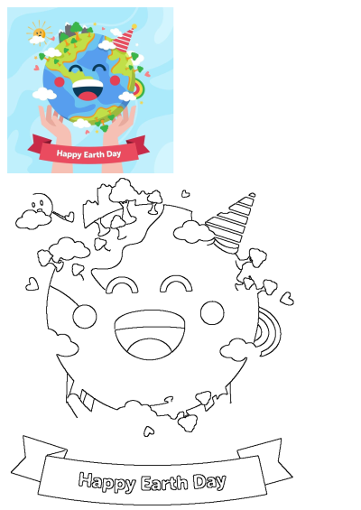 A cheerful Earth Day illustration with a happy planet wearing a party hat, held by hands, surrounded by nature and a 'Happy Earth Day' banner.