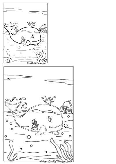 An outline drawing depicting Jonah riding a friendly whale in the ocean, with a ship in the background, bubbles, and seaweed.