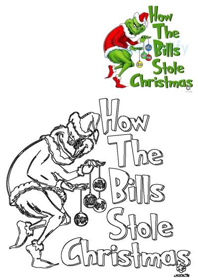 Grinch cartoon parodying 'How The Bills Stole Christmas,' holding 'Gas,' 'Electric,' 'Rent' ornaments. Features both color and outline.