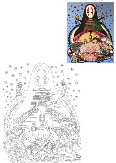 Vibrant Spirited Away fan art painting showcasing iconic characters like No Face, Yubaba, Chihiro, and the Bathhouse.