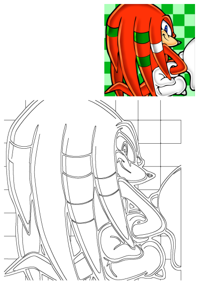 Knuckles the Echidna cartoon character, shown in vibrant color and also as a detailed black and white outline drawing, smiling against a checkered background.