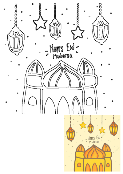 Outline illustration for Eid Mubarak featuring hanging lanterns, stars, and a mosque. Perfect for celebrating the festive occasion.