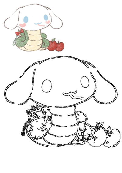 A cute Cinnamoroll-like rabbit snake hybrid with a red bow and apples, shown in both a vibrant colored drawing and a clean outline.